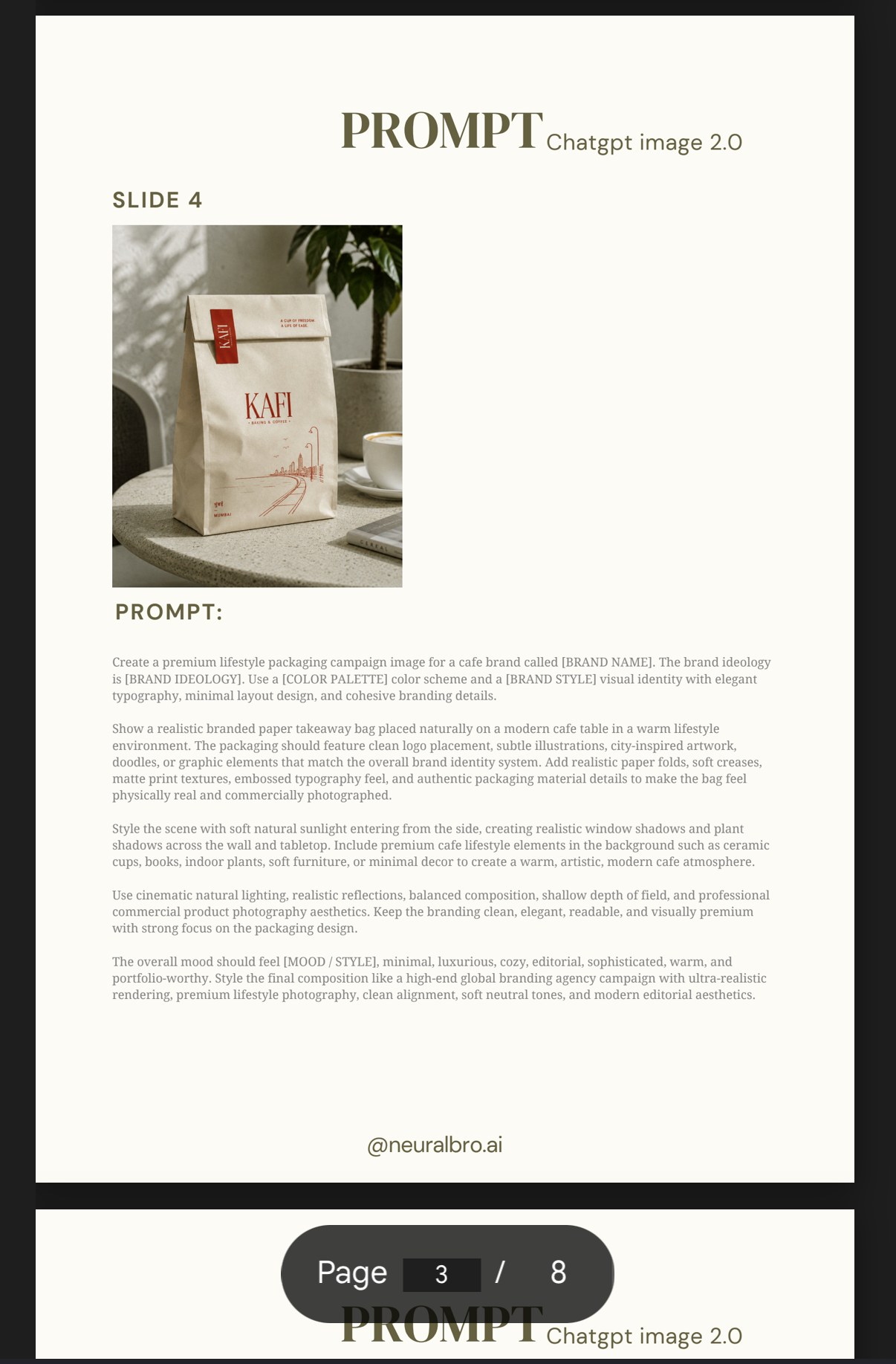 Slide 4 — campagne packaging, sac de café à emporter en situation, prompt complet packaging