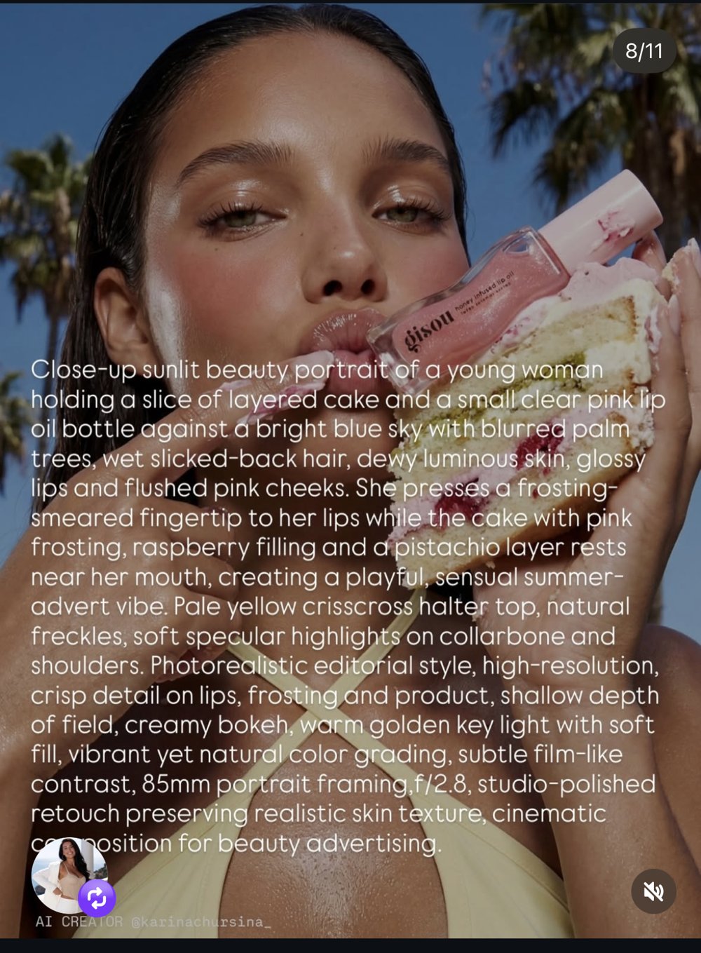 karinachursina_ — 2 prompts beauté « summer advert » (Gisou lip oil + cake)