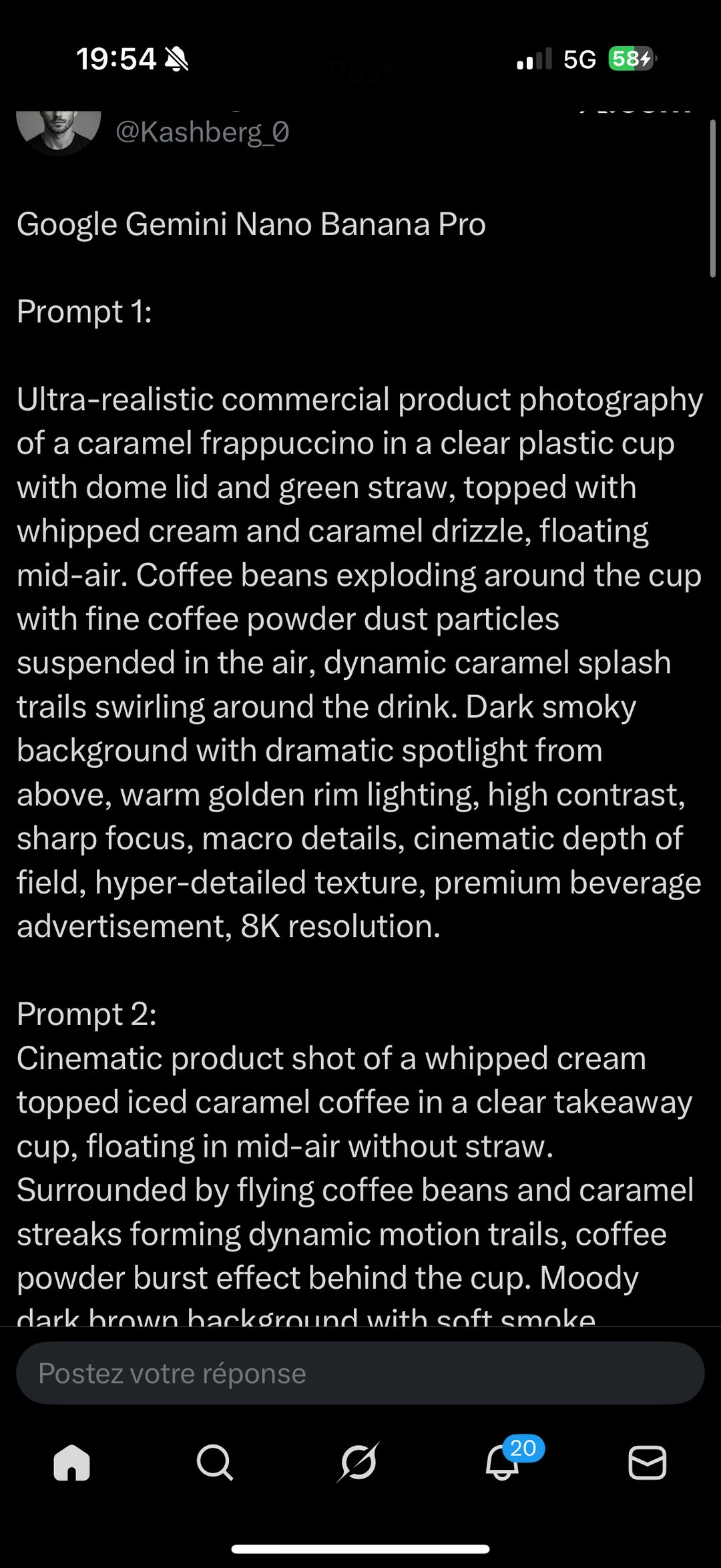 Packshot boisson — frappuccino caramel flottant, grains de café en explosion
