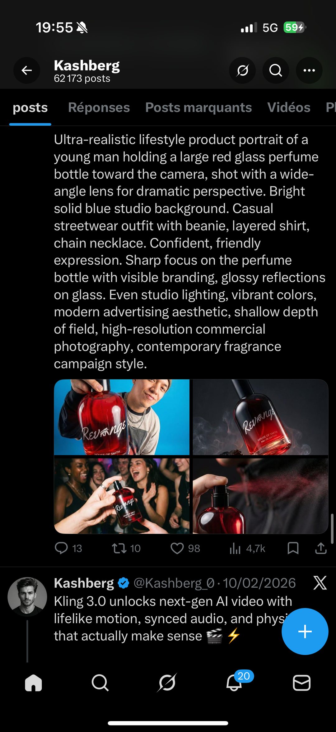 Packshot parfum — flacon de verre rouge « Revenge », ambiance soirée