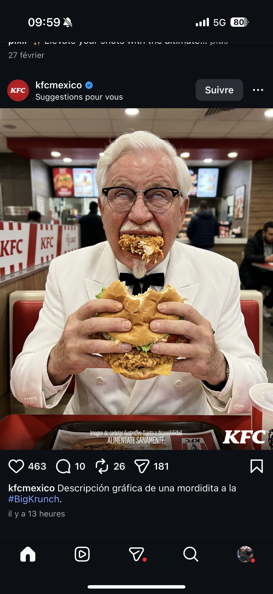 KFC Mexico — Colonel Sanders généré par IA mordant dans le Big Krunch