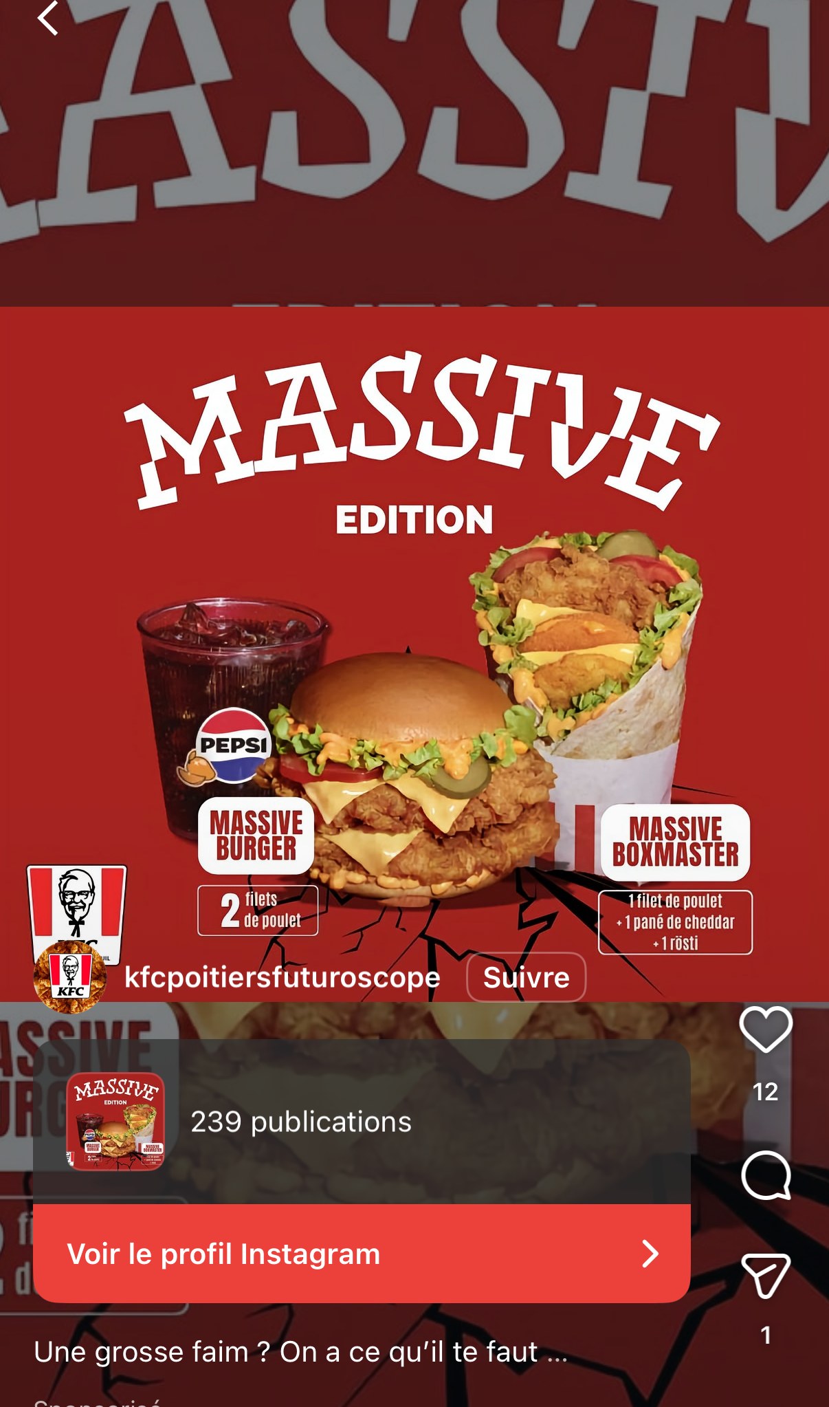 KFC Poitiers Futuroscope — promotion locale « Massive Edition » d'un burger