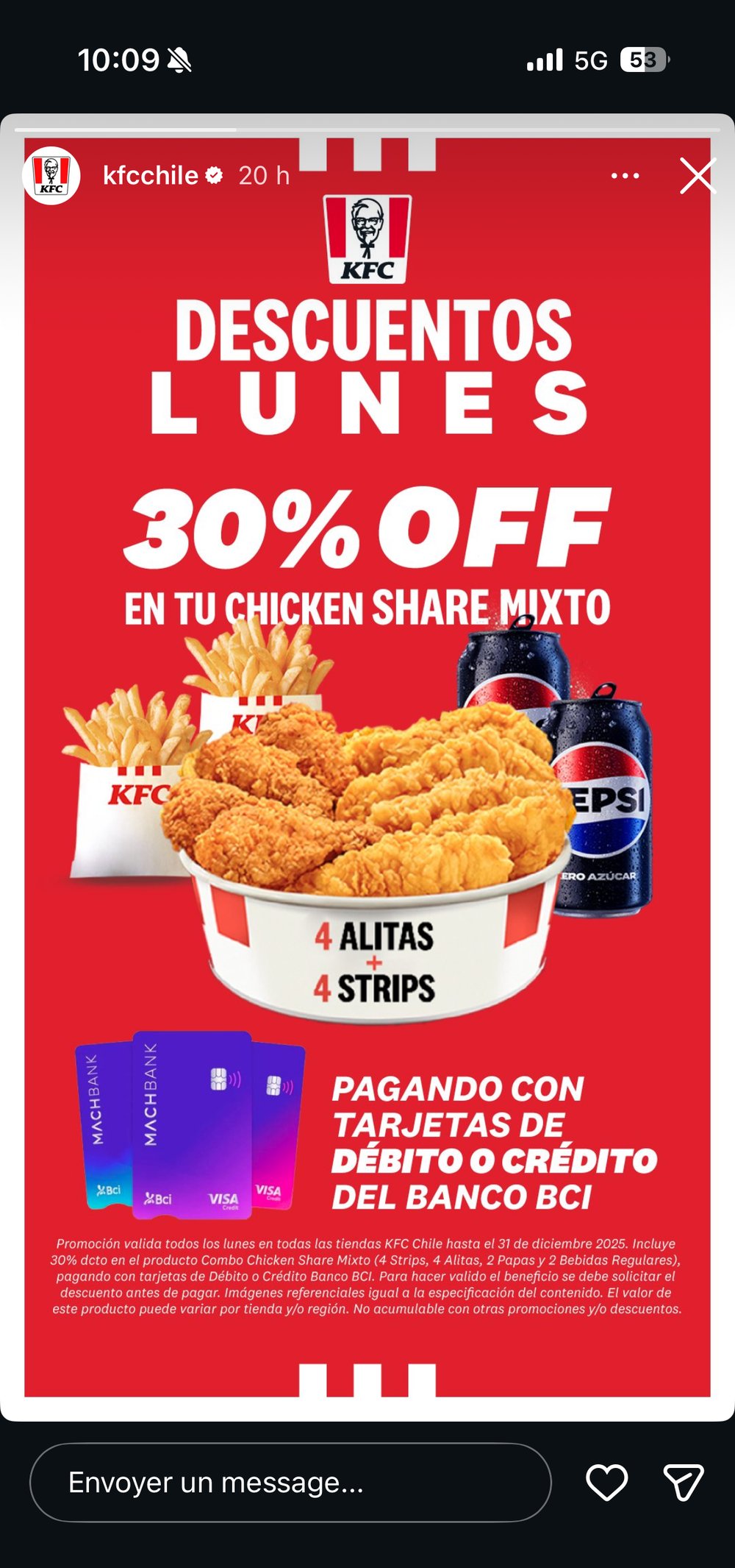 KFC Chile promo lundi 30 pourcent chicken share