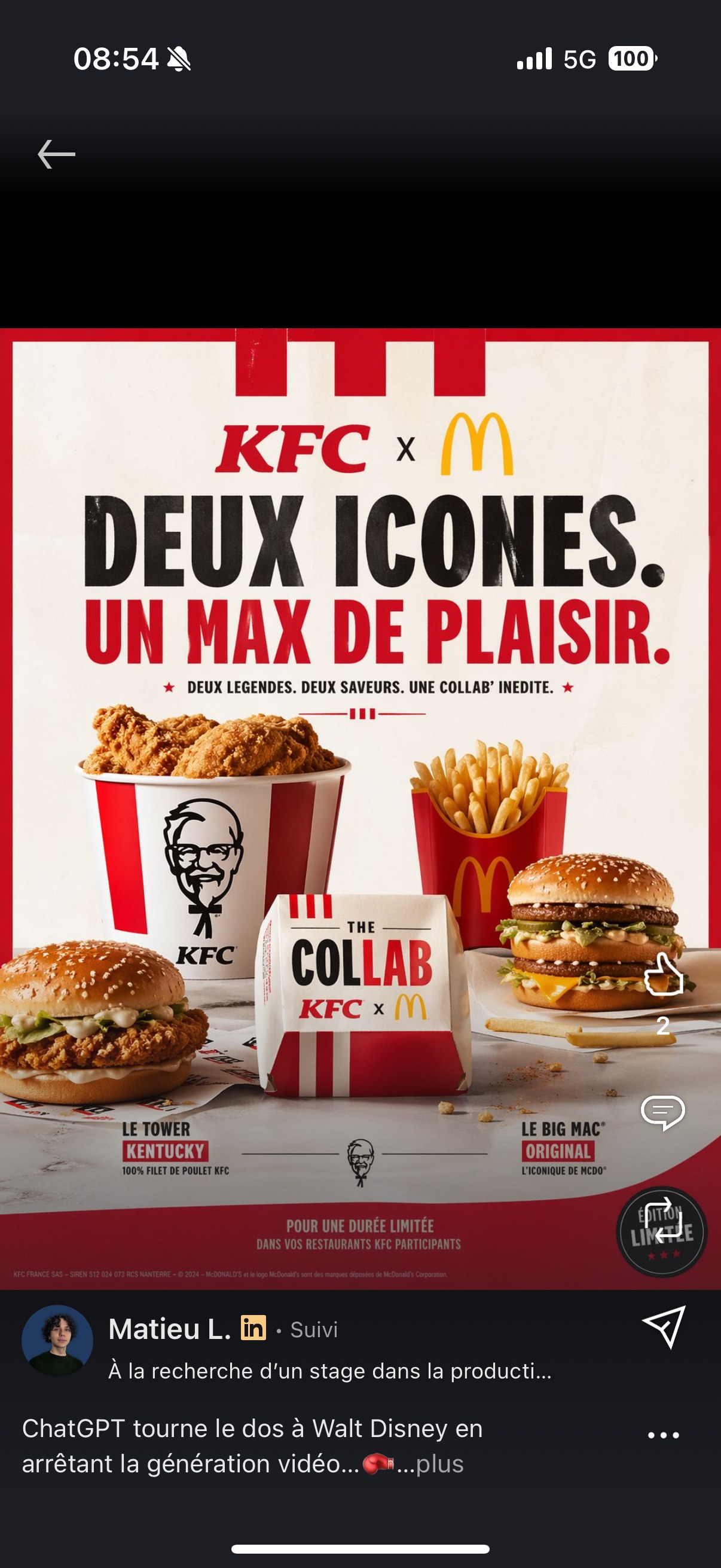 « KFC x McDonald's — DEUX ICONES. UN MAX DE PLAISIR. » — burger hybride « The Collab » avec Tower Kentucky (KFC) et Big Mac Original (McDonald's) côte à côte, packaging façon collab officielle