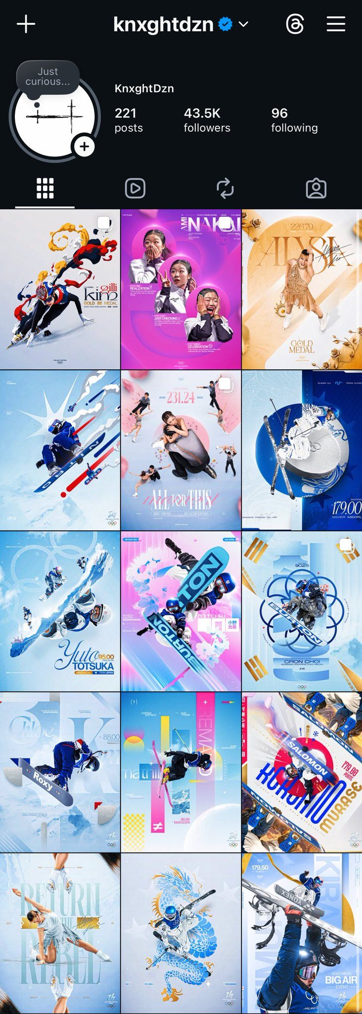 Grille Instagram — affiches Jeux Olympiques d’hiver stylisées (patinage, snowboard, ski)