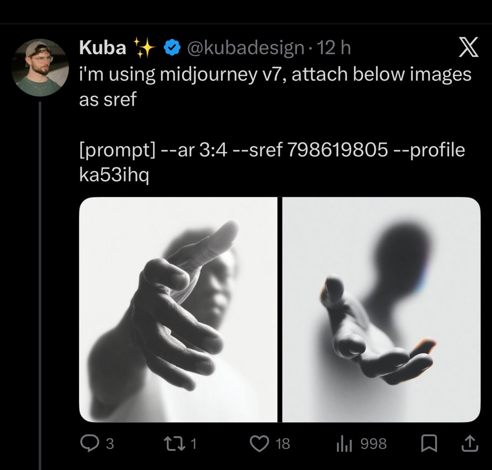 Kuba (@kubadesign) — sref « mains floues » N&B + formule Midjourney v7