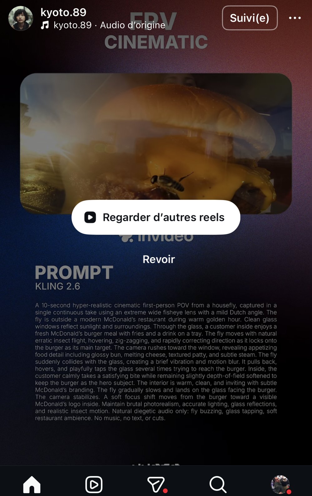 Prompt video POV mouche vitrine McDonald's Kling