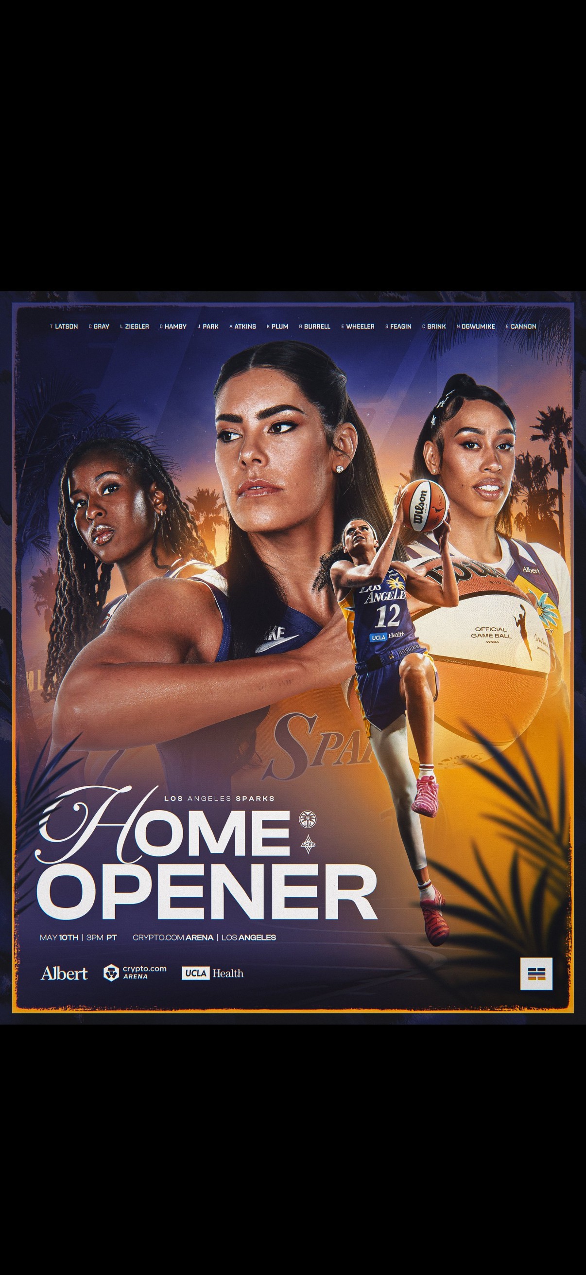 « HOME: OPENER » — deux joueuses/athlètes en action sur fond dégradé nuit/coucher de soleil, logo Los Angeles Rams, typographie condensée impactante