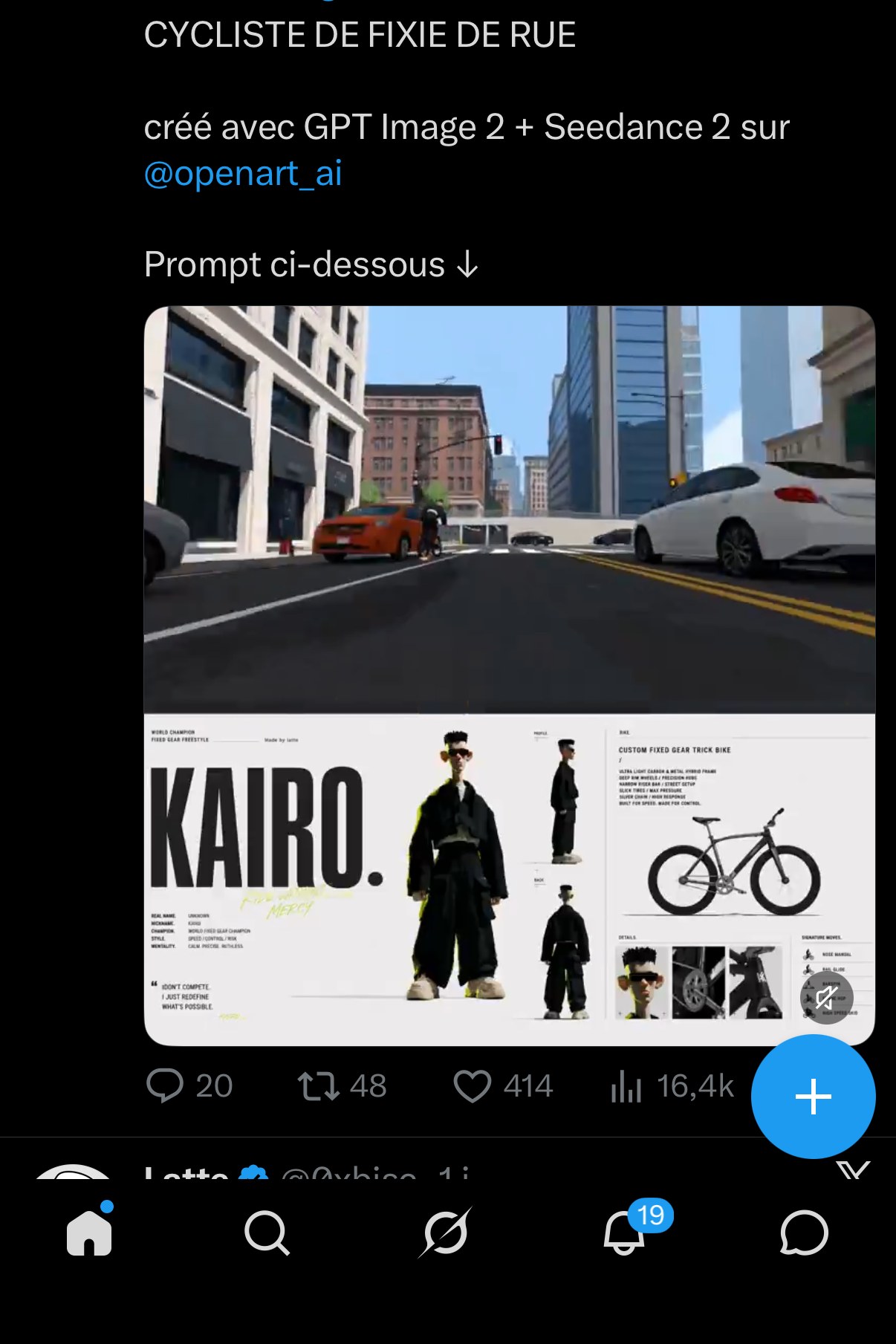 « KAIRO » — poster personnage cycliste fixie freestyle fictif, créé avec GPT Image 2 + Seedance 2 sur openart_ai, reposté par Latte
