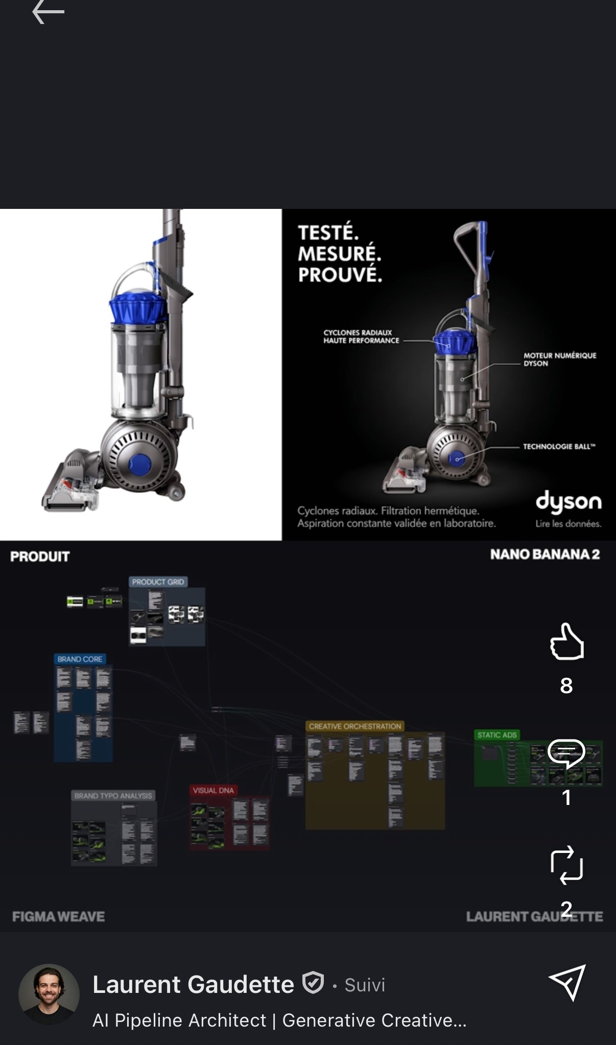 Démonstration aspirateur Dyson — même gabarit de composition publicitaire