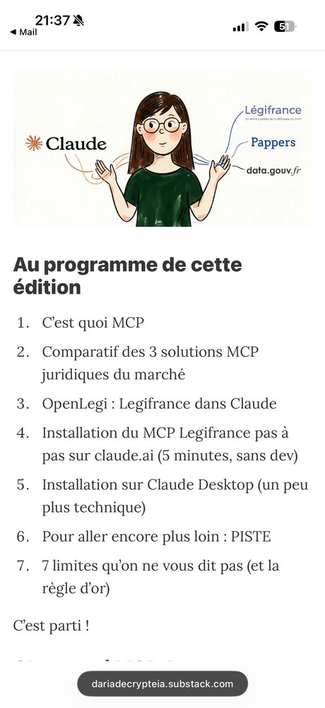 Sommaire de la newsletter — MCP juridique dans Claude