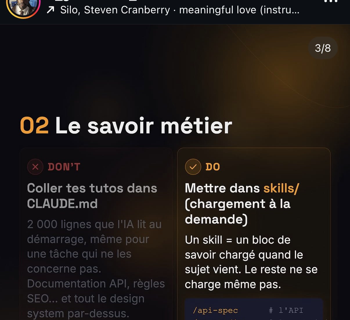 « 02 Le savoir métier » — Don't : coller les tutos dans CLAUDE.md. Do : les mettre dans skills/ (chargement à la demande)