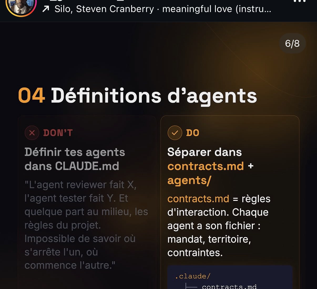 « 04 Définitions d'agents » — Don't : définir les agents dans CLAUDE.md. Do : séparer dans contracts.md + agents/
