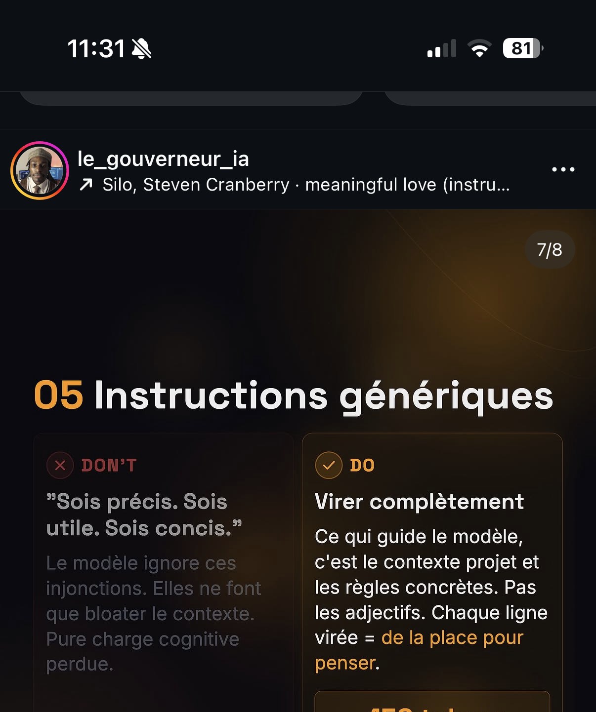 « 05 Instructions génériques » — Don't : injonctions vagues (« Sois précis. Sois utile. Sois concis. »). Do : virer complètement, guider par le contexte projet et des règles concrètes