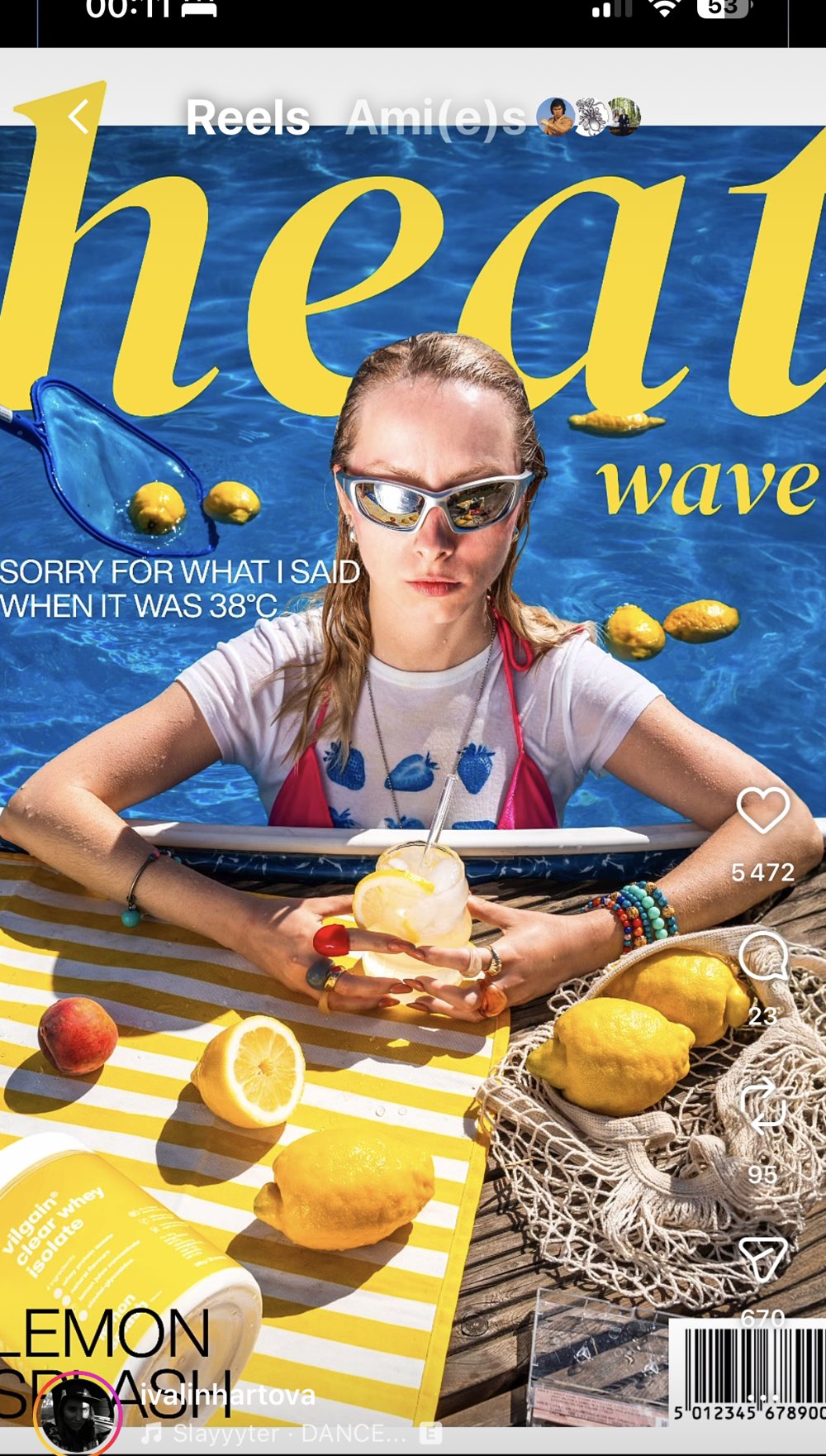 Visuel façon couverture de magazine « heat wave » avec mannequin en maillot de bain tenant une citronnade, pot Vilgain Lemon Splash au premier plan