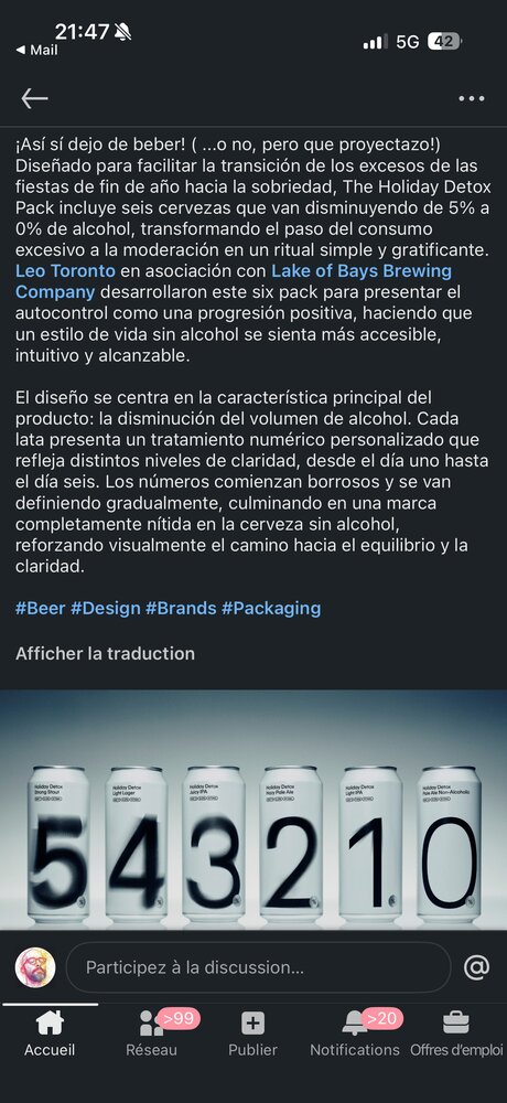 Six canettes « Holiday Detox Pack » alignées, numérotées de 5 à 0, taux d'alcool dégressif