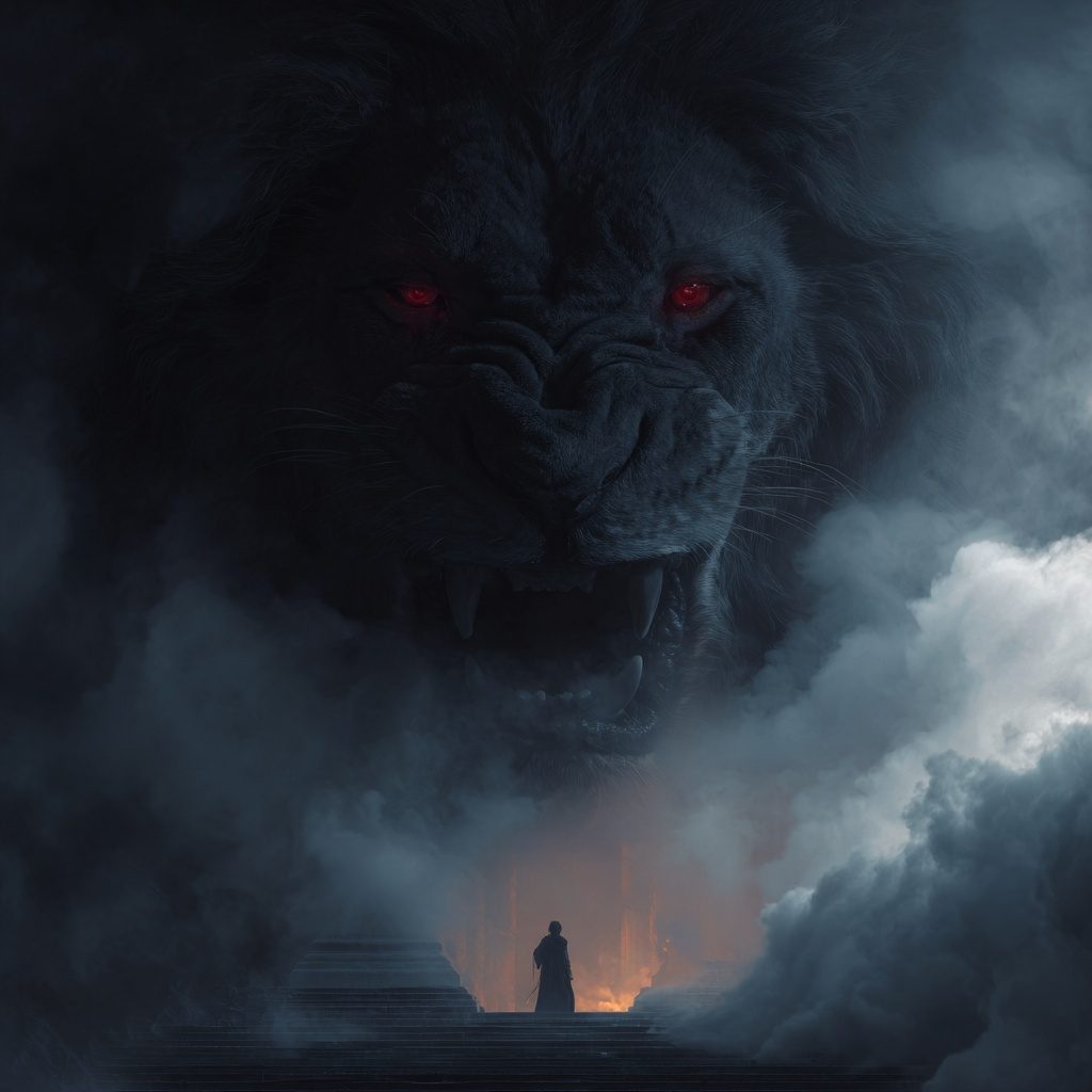 Lion géant rugissant aux yeux rouges avec silhouette de guerrier — visuel épique façon poster