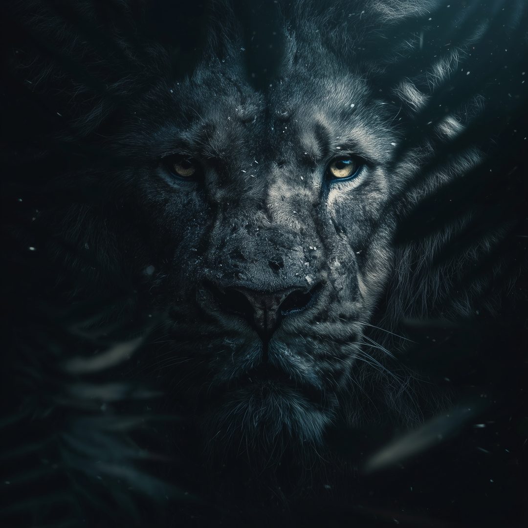 Portrait de lion sombre et texturé — référence moodboard « dark luxury »