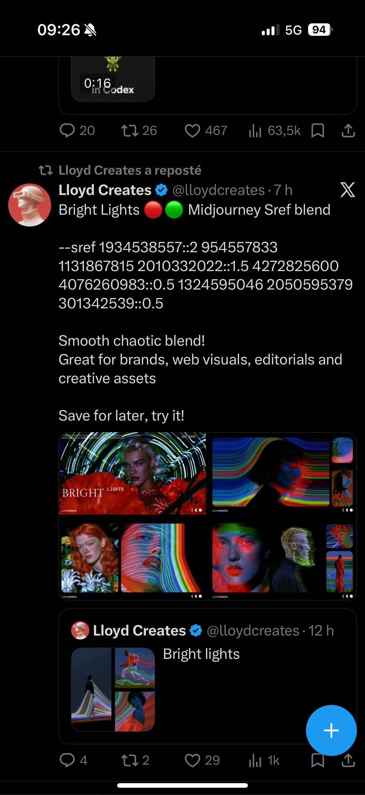 Lloyd Creates — « Bright Lights » blend de 4 codes sref pondérés, rendu néon chaotique multicolore pour marques et visuels éditoriaux