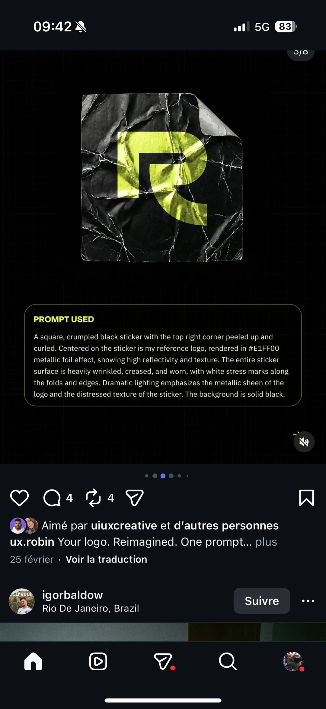 Logo en sticker froissé foil jaune fluo via prompt IA