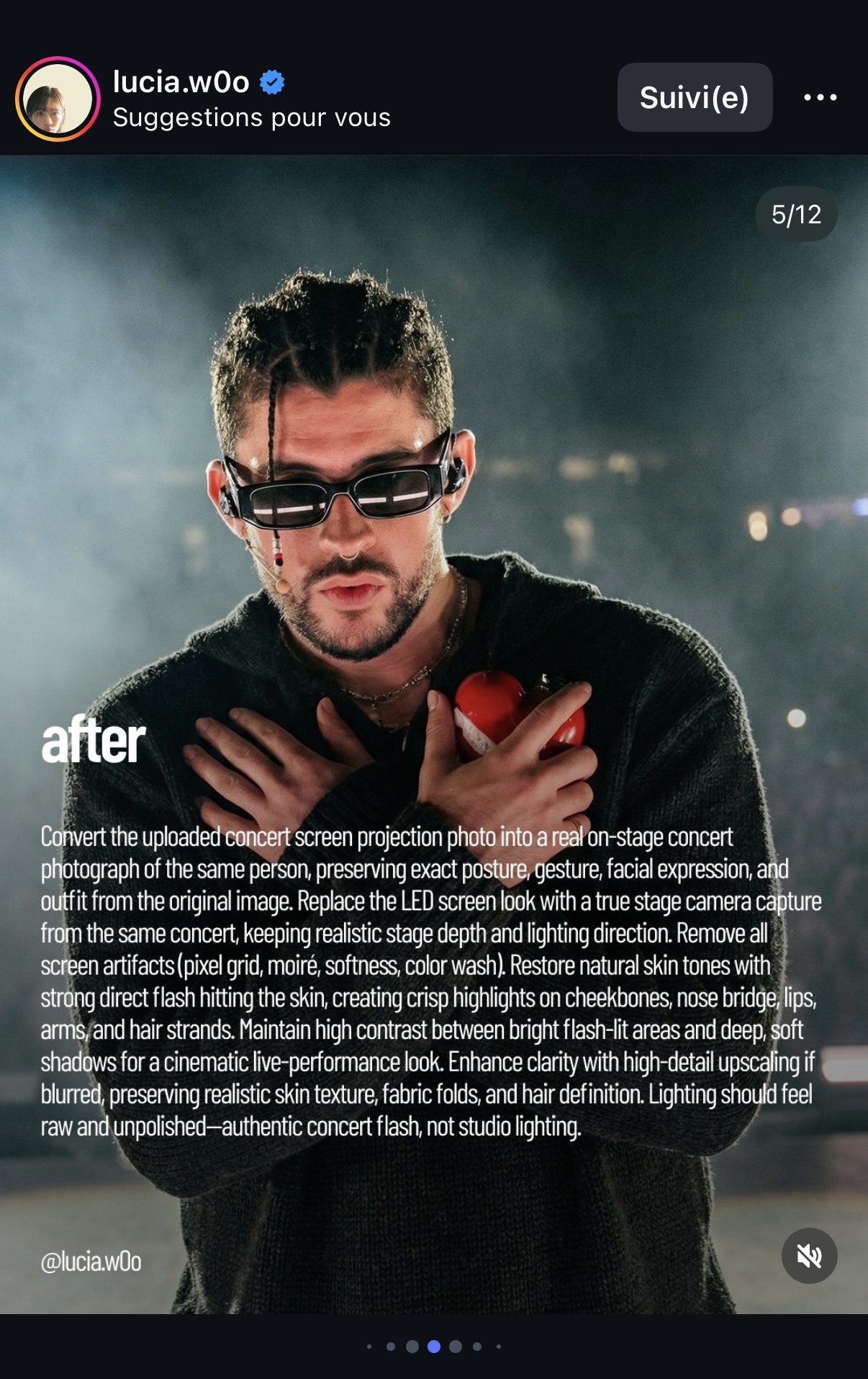 « after » — photo de scène de concert reconstituée à partir d'un cliché pris sur écran géant, flash de concert direct restitué, artefacts d'écran supprimés