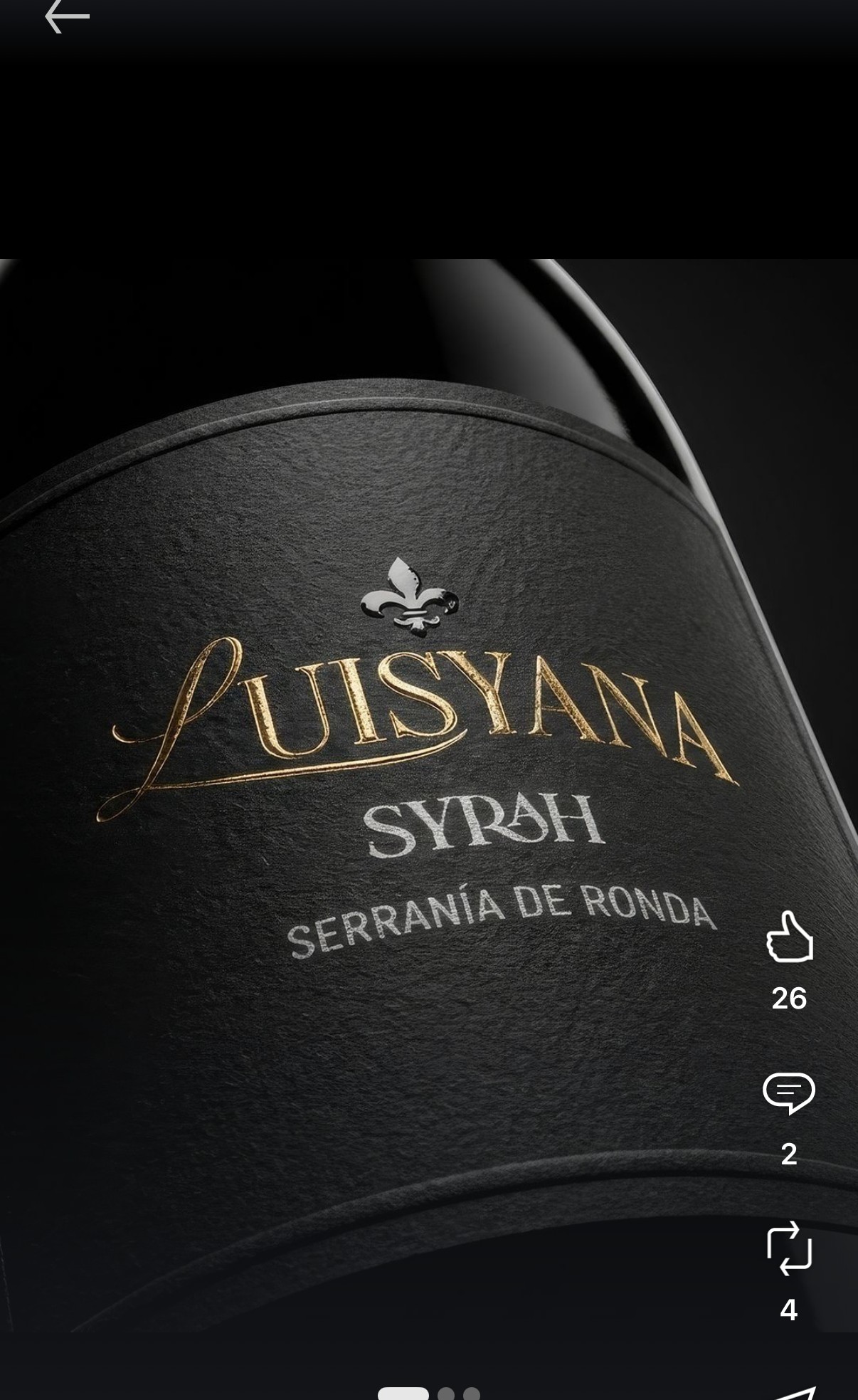 Macro sur l'étiquette Luisyana Syrah — texture noire façon cuir gaufré, logo fleur de lys argentée, lettrage « Luisyana » doré cursif, « Syrah » et « Serranía de Ronda » en argenté