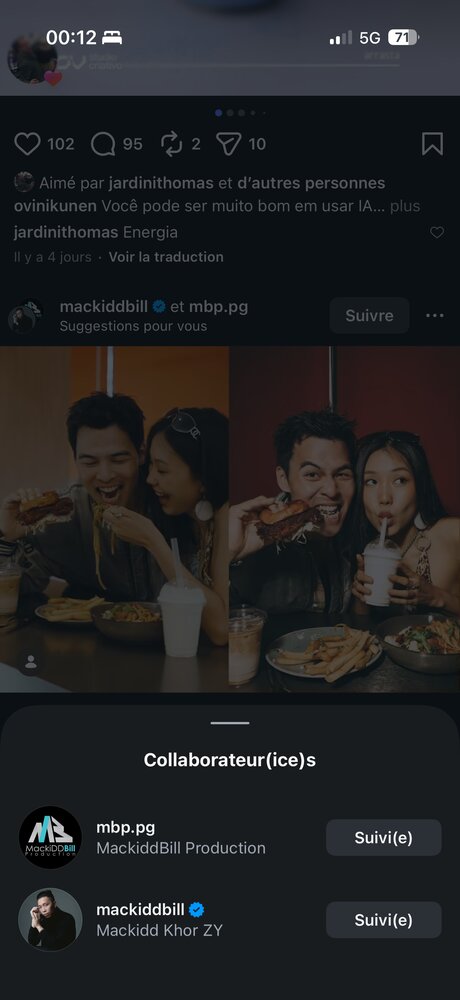 Deux personnes dégustant burger et pâtes, post en collaboration Instagram