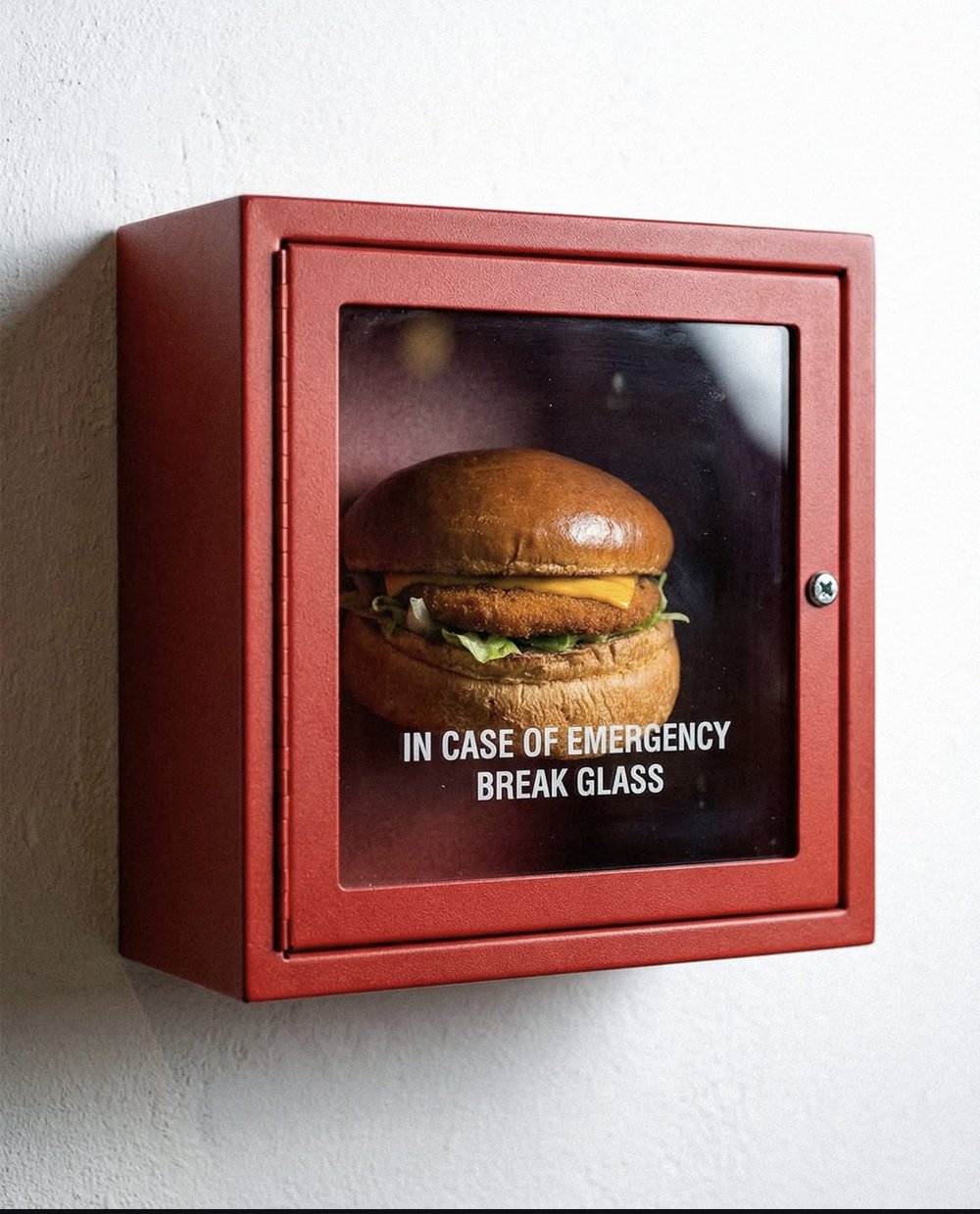 Boitier bris de glace mural detourne avec photo de burger