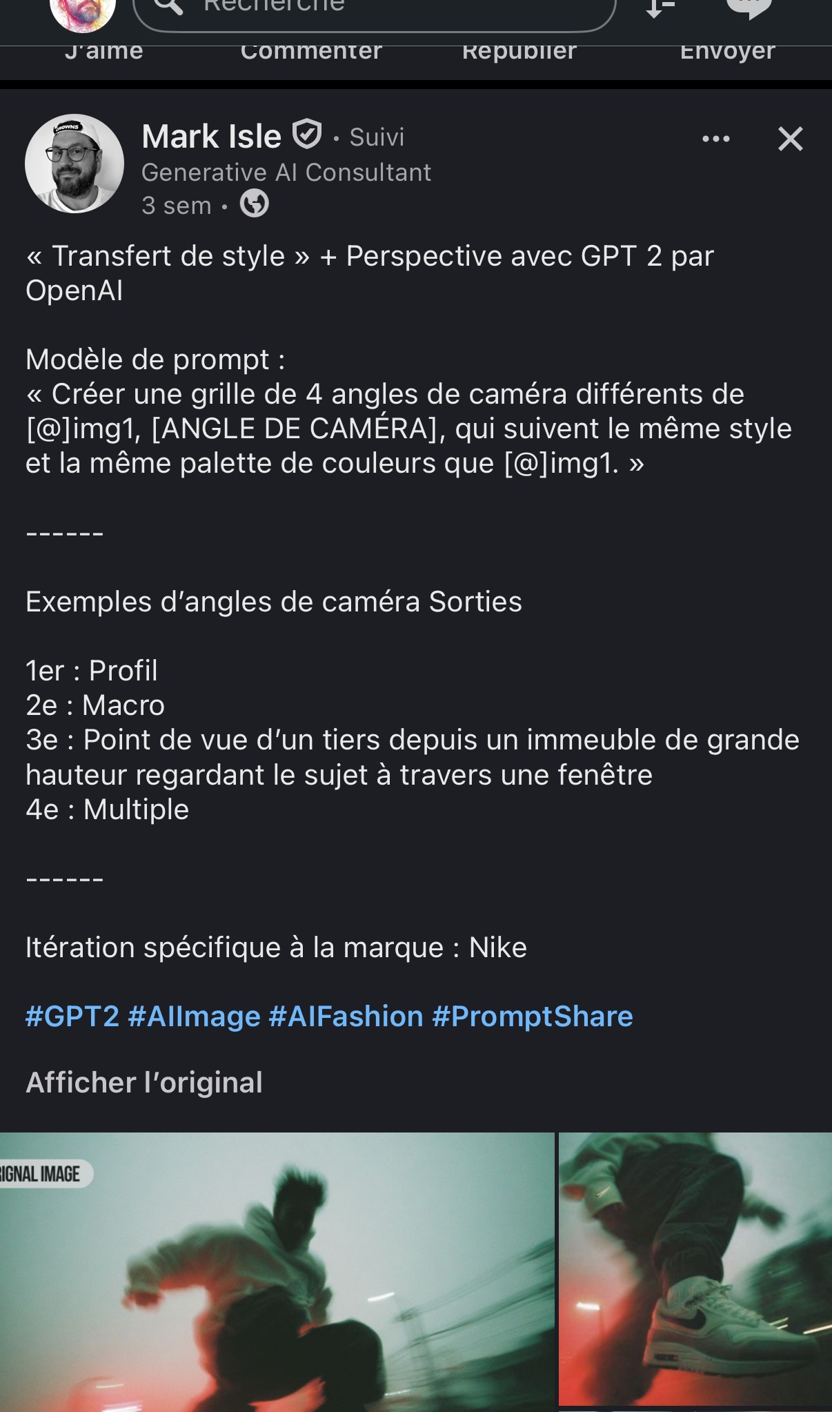 Mark Isle — prompt de transfert de style appliqué à 4 angles de caméra différents sur le même sujet