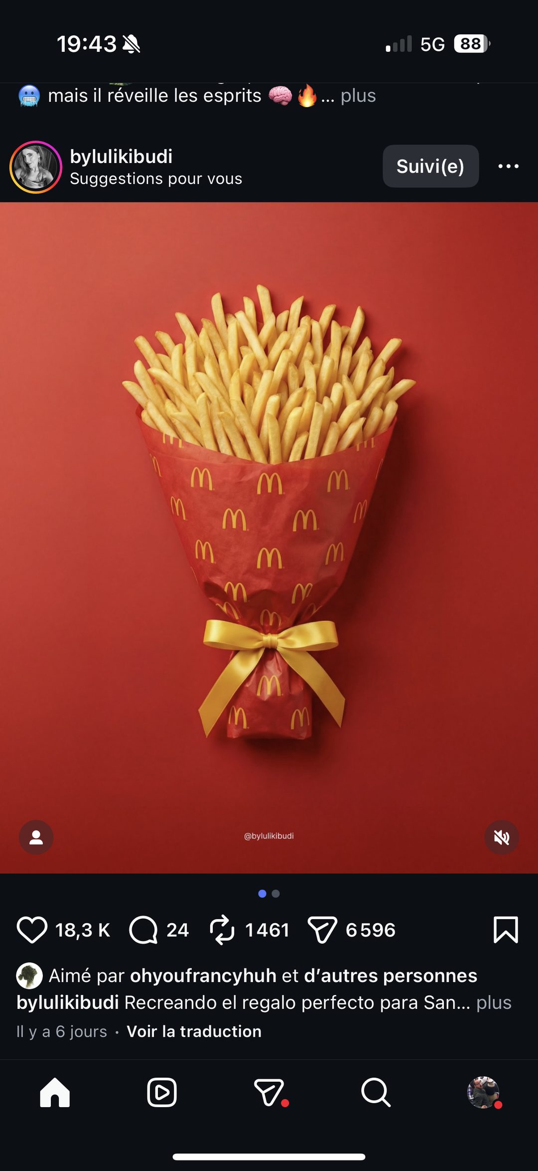 Bouquet de frites McDonald's emballage papier ruban