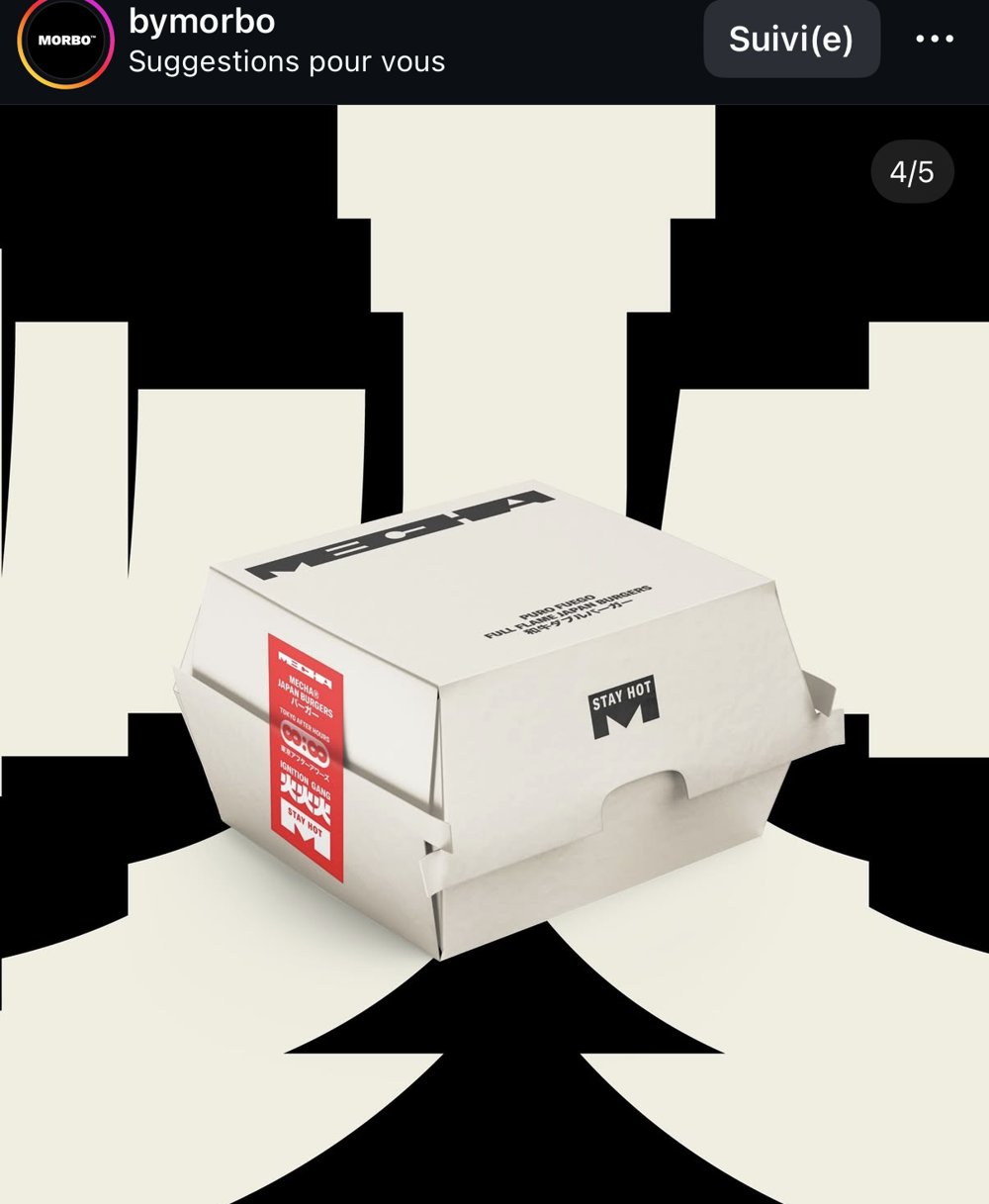 Boîte burger clamshell « Mecha », fond graphique noir et blanc
