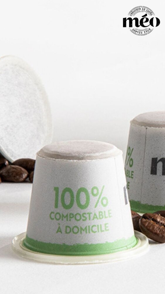 Capsules de café méo en carton compostable, couleur crème avec bandeau vert 