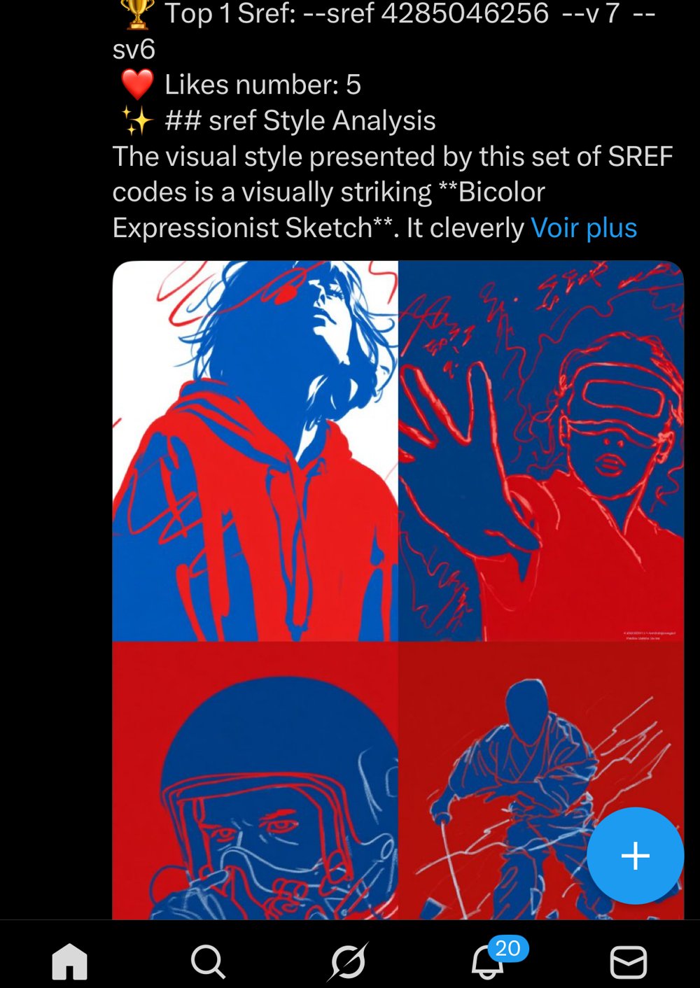 Style bicolore expressionniste rouge bleu croquis Midjourney sref