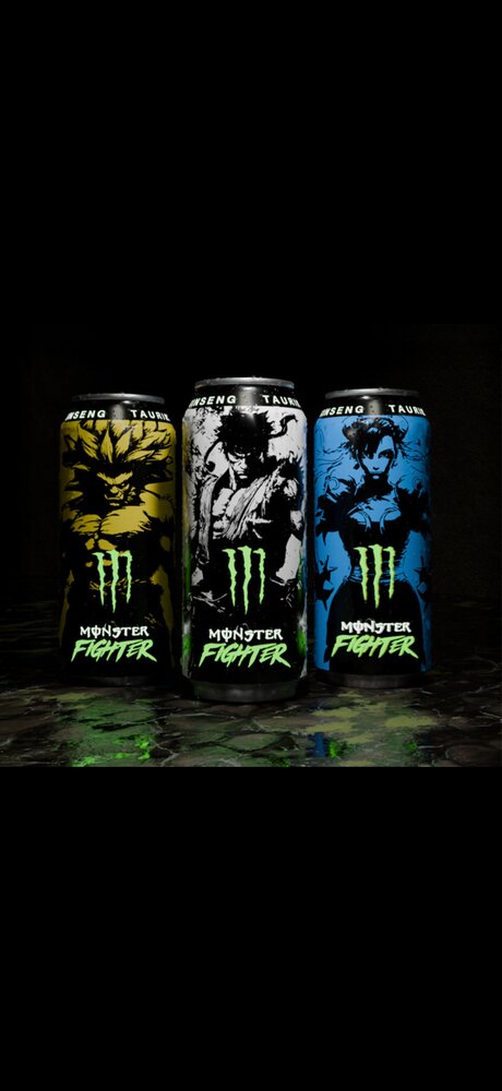 Trois canettes Monster Fighter aux couleurs des personnages Street Fighter