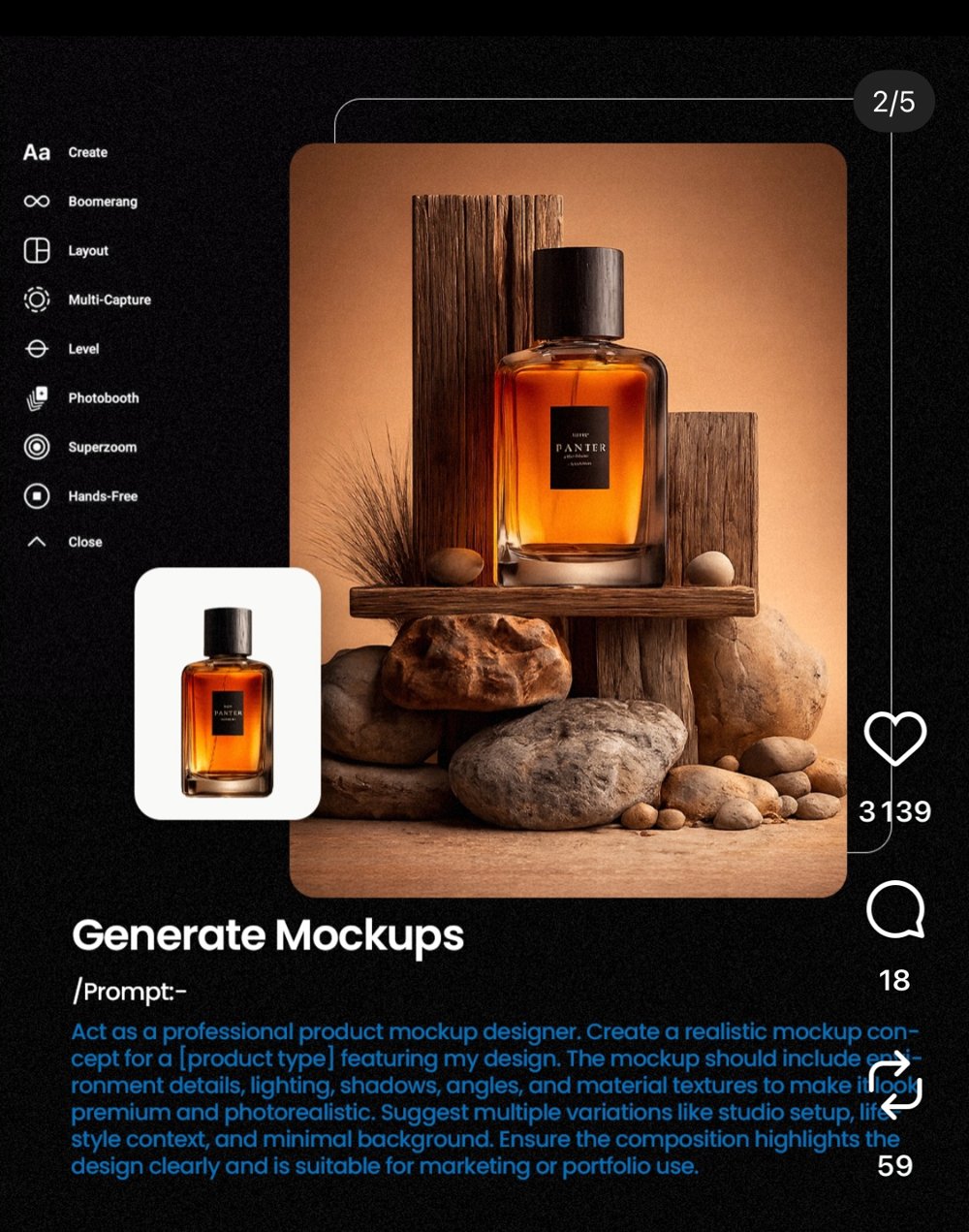 Prompt « Generate Mockups » appliqué à un flacon de parfum (slide 2/5)