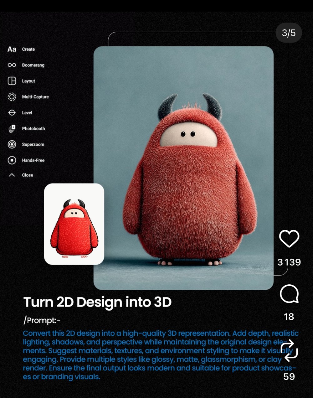 Prompt « Turn 2D Design into 3D » appliqué à un personnage 2D (slide 3/5)