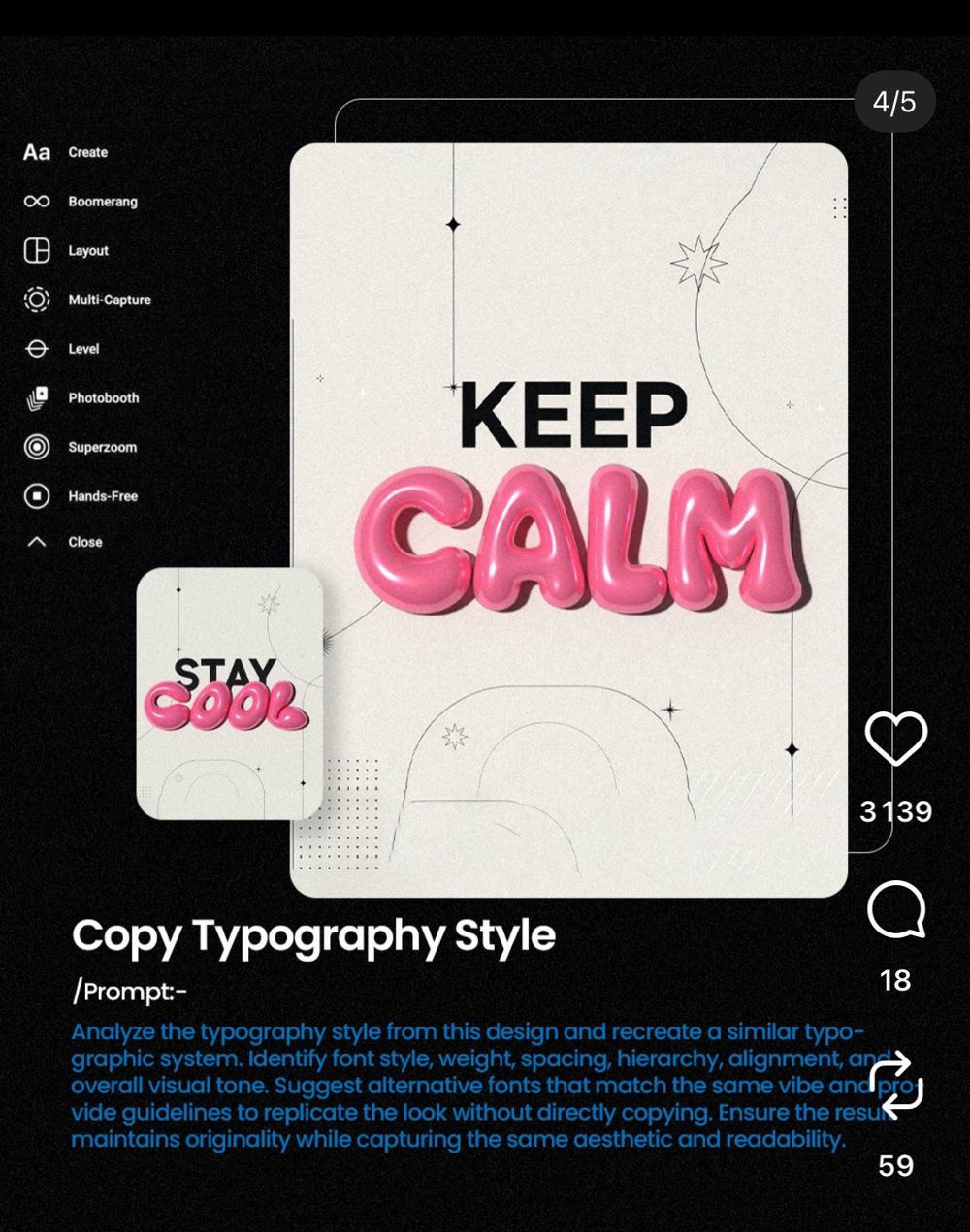 Prompt « Copy Typography Style » appliqué à un visuel « Keep Calm » (slide 4/5)