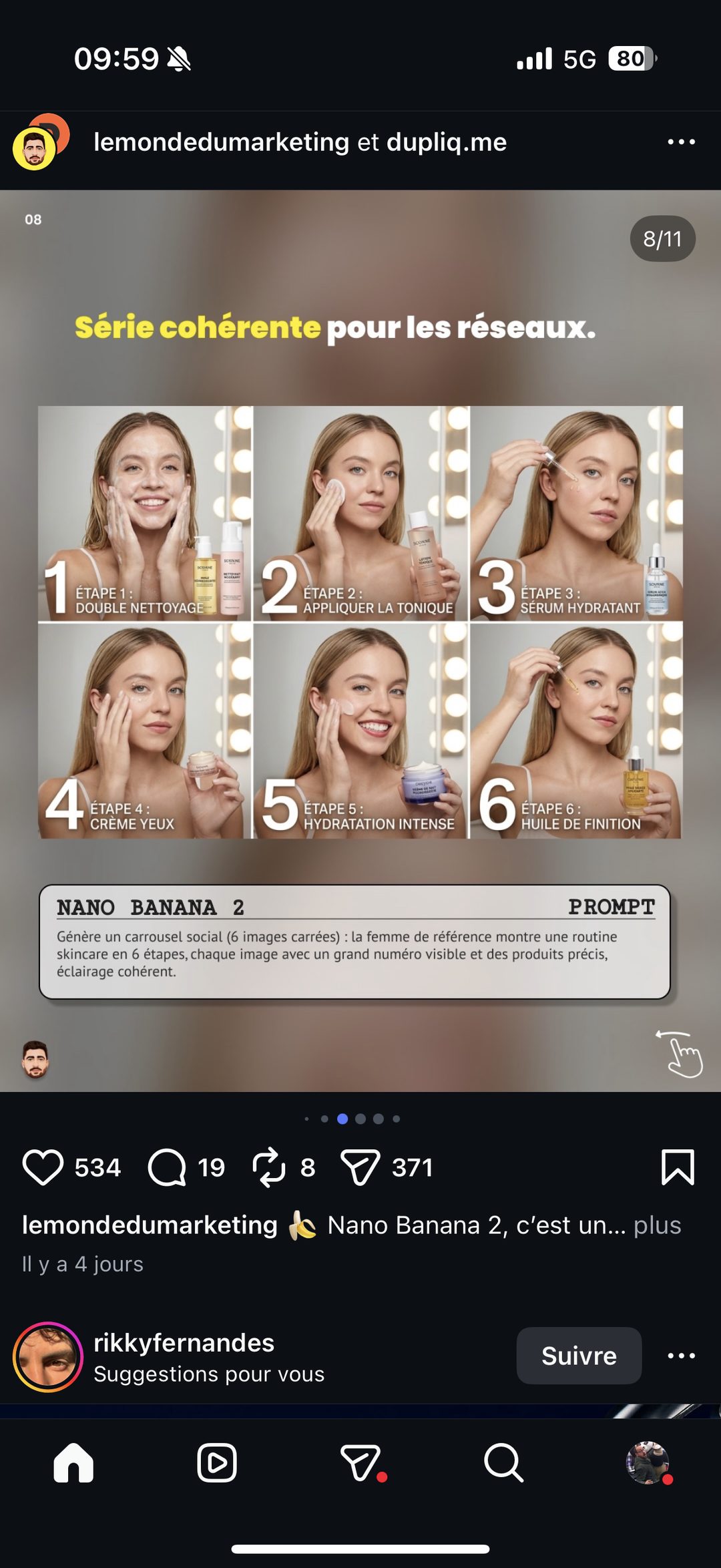 Nano Banana 2 — prompt carrousel skincare routine cohérente en 6 étapes
