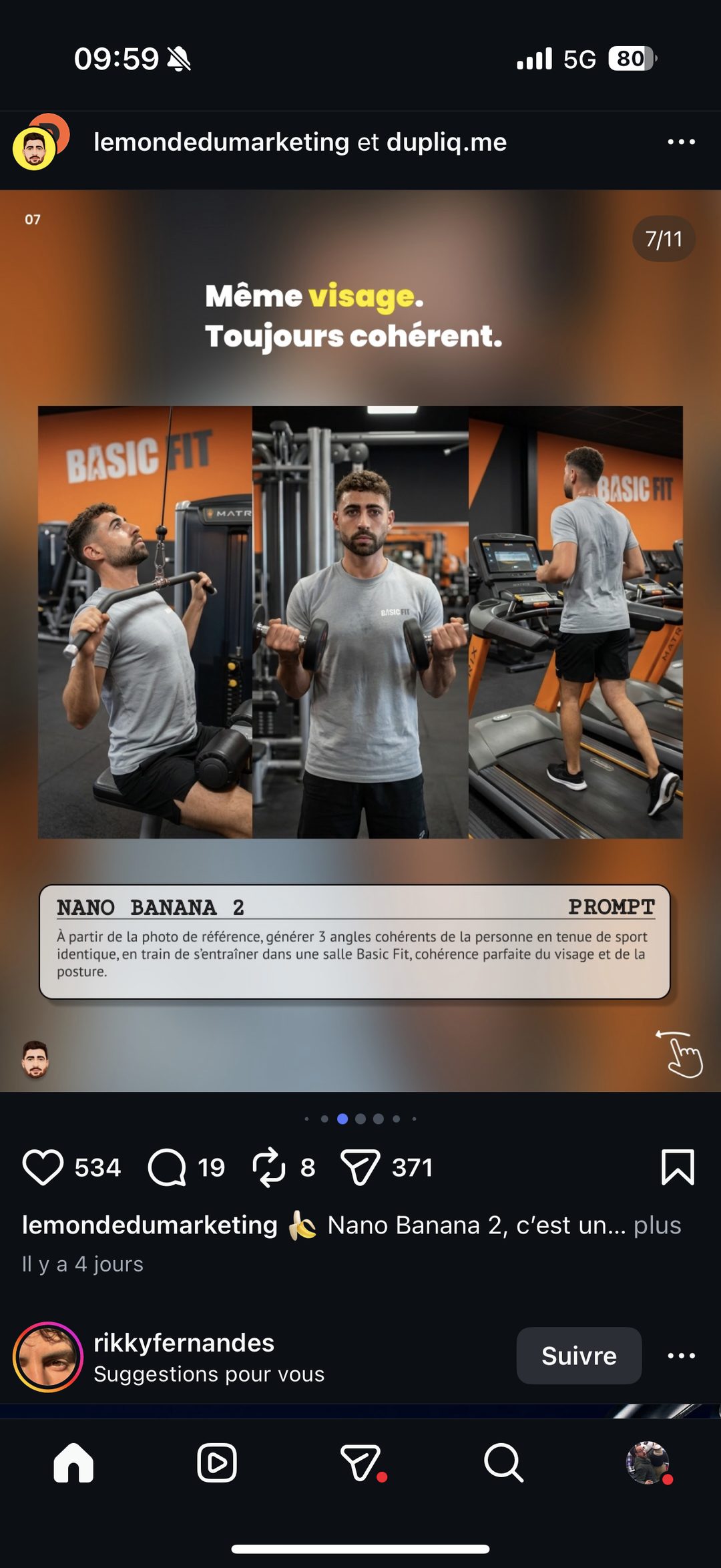 Nano Banana 2 — prompt cohérence de visage multi-angles en salle de sport (Basic Fit)