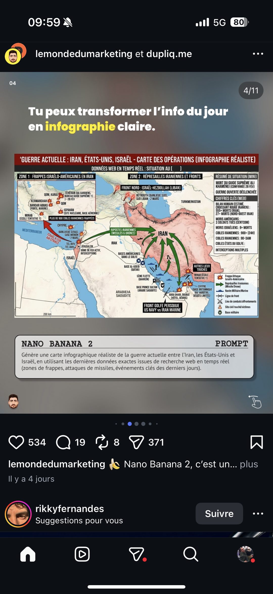 Nano Banana 2 — prompt infographie carte du conflit Iran/Israël en temps réel