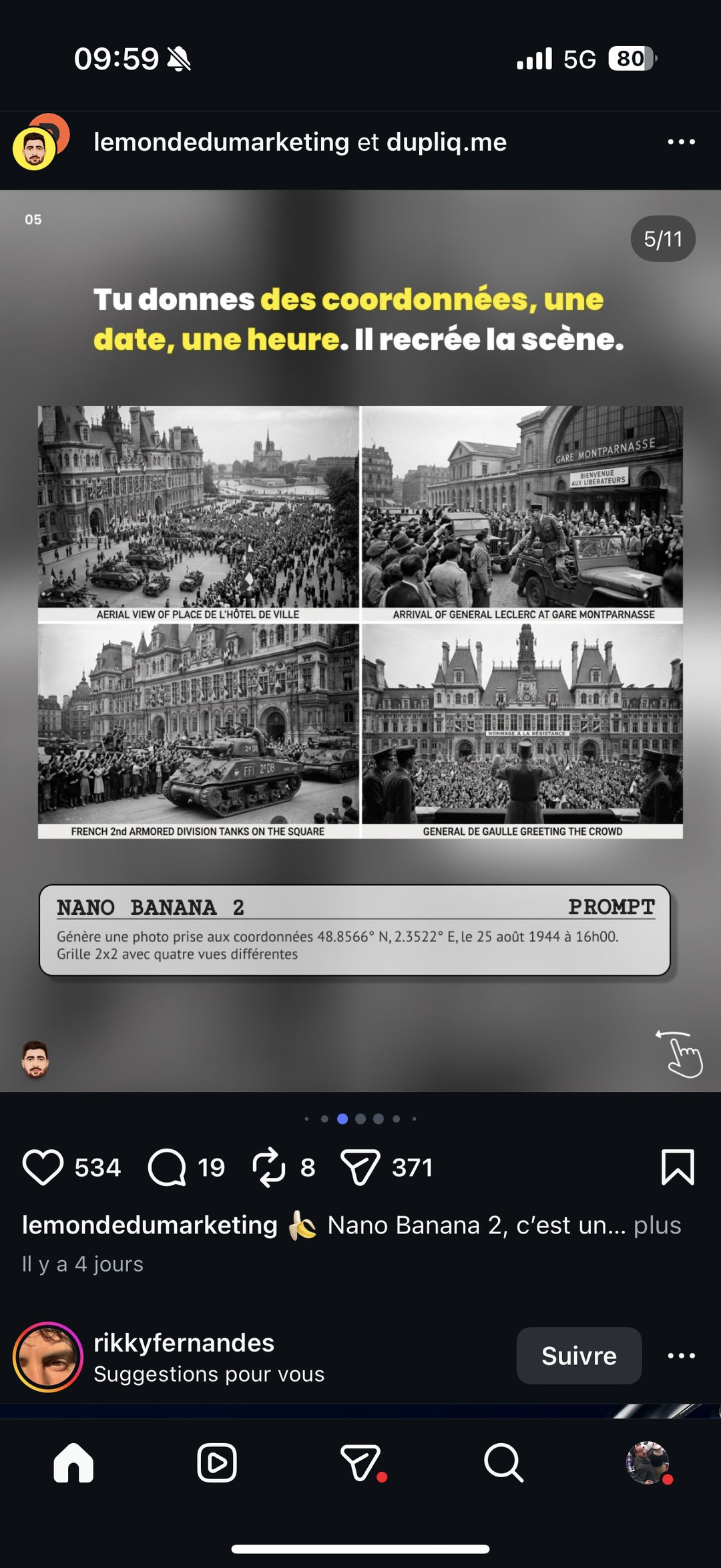 Nano Banana 2 — prompt reconstitution historique de la Libération de Paris (1944)