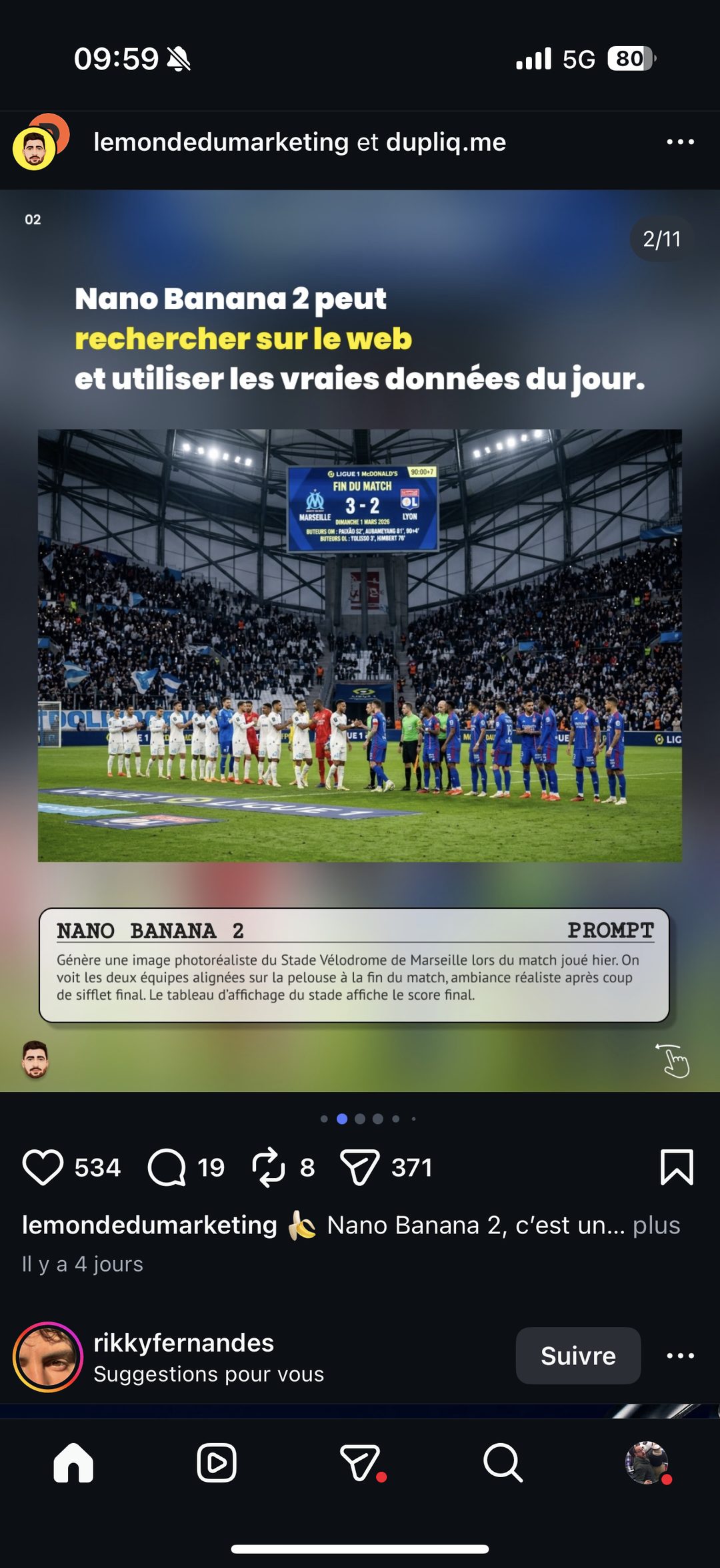 Nano Banana 2 — prompt image photoréaliste de match au stade Vélodrome (données réelles)