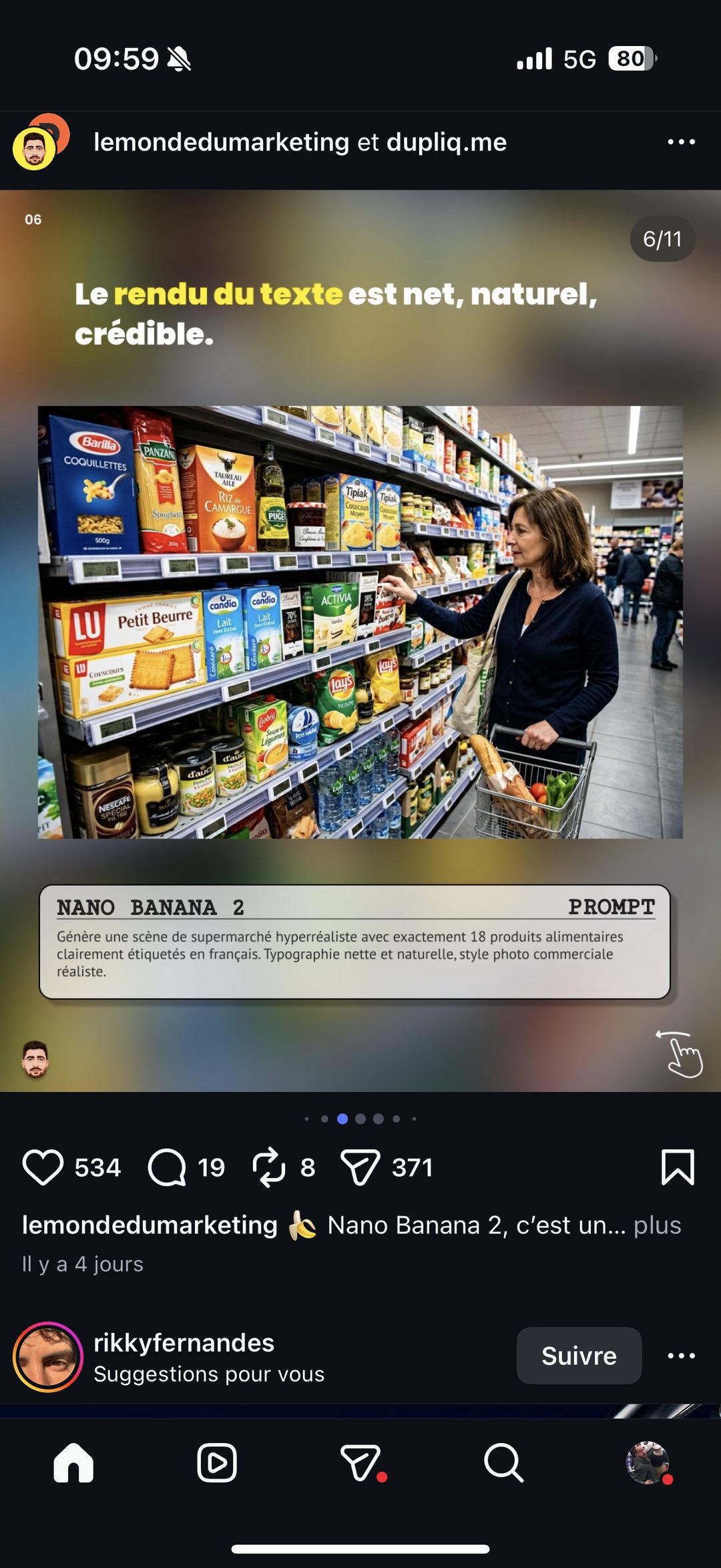 Nano Banana 2 — prompt rendu texte réaliste en rayon supermarché (18 produits)