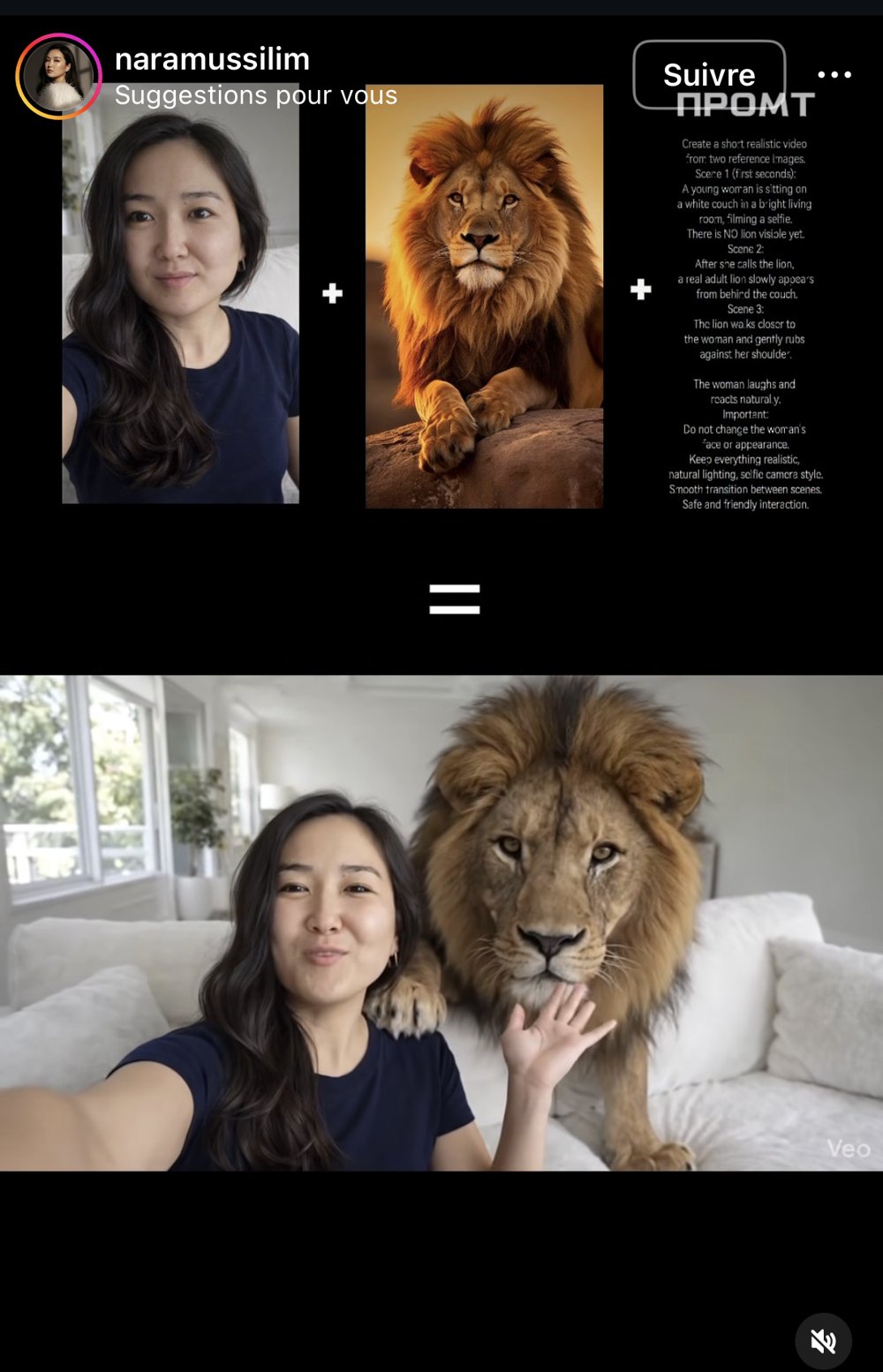 naramussilim — Veo : selfie + photo de lion + prompt = vidéo réaliste