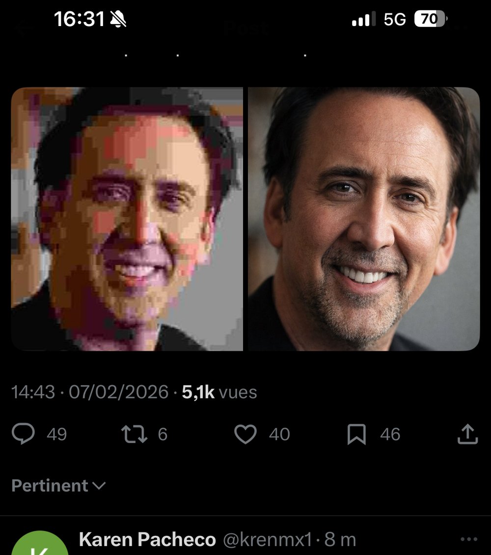 Comparatif avant apres upscale photo Nicolas Cage prompt