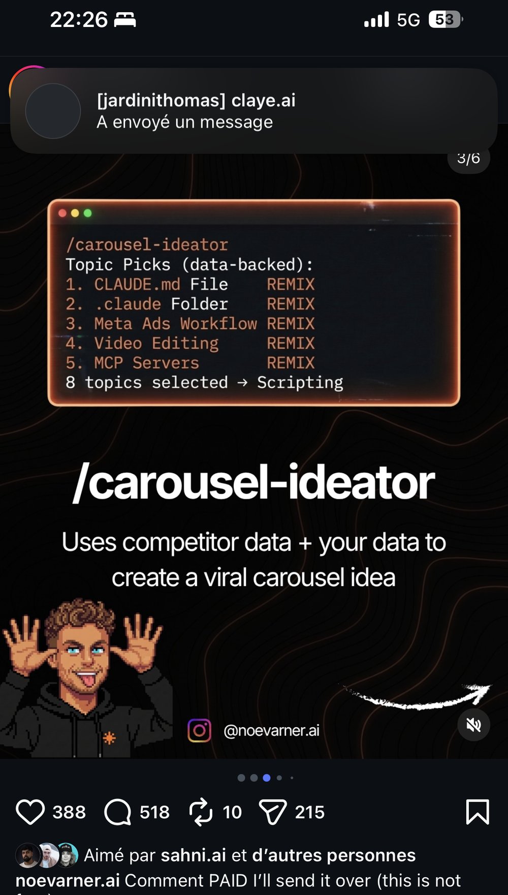 /carousel-ideator — croise données concurrents + compte pour une idée virale