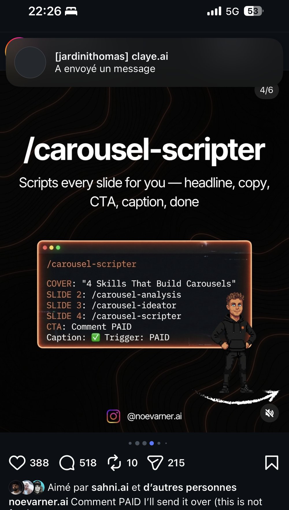 /carousel-scripter — rédige chaque slide : accroche, texte, CTA, légende