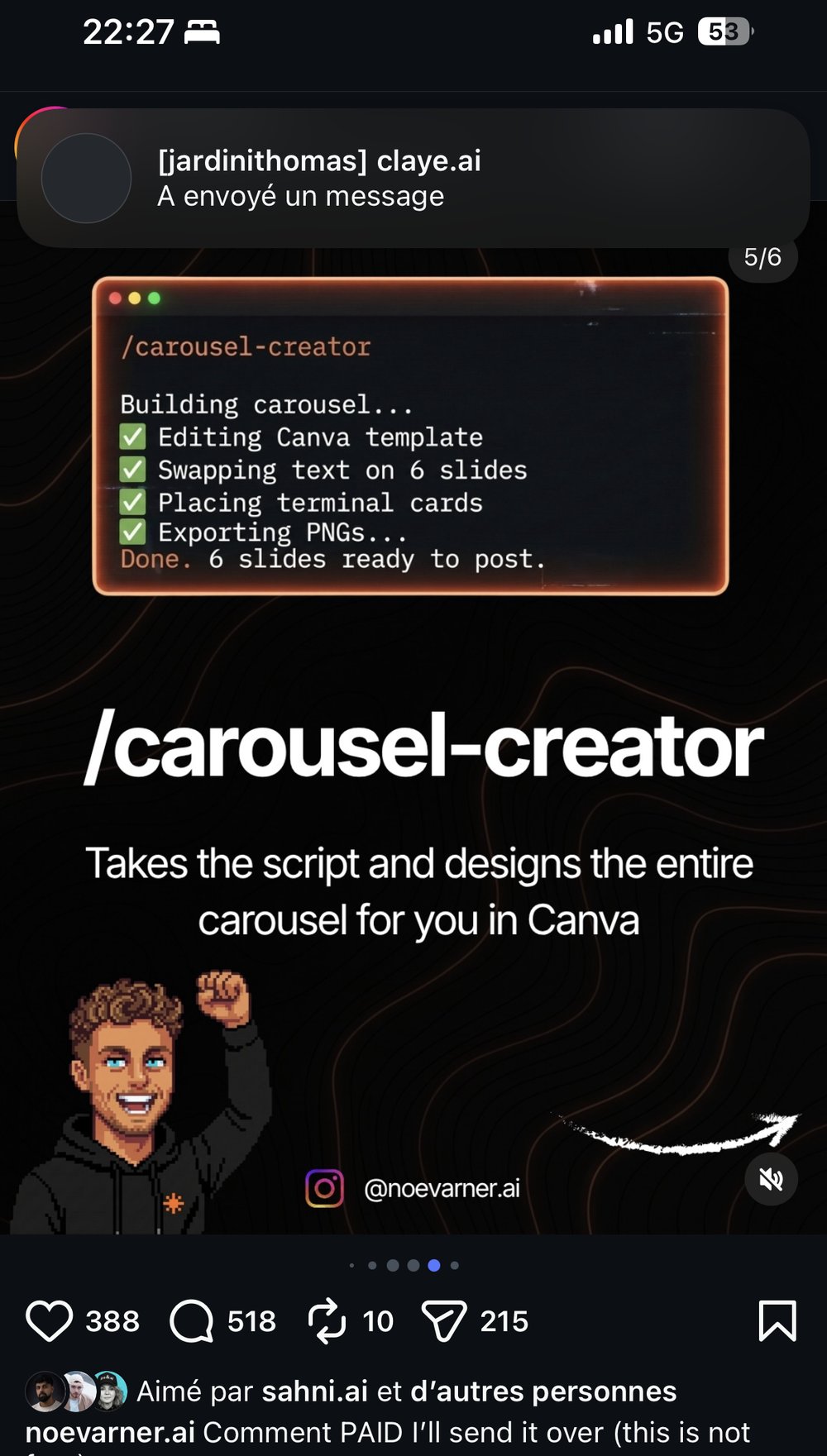 /carousel-creator — designe les 6 slides dans un template Canva, export PNG