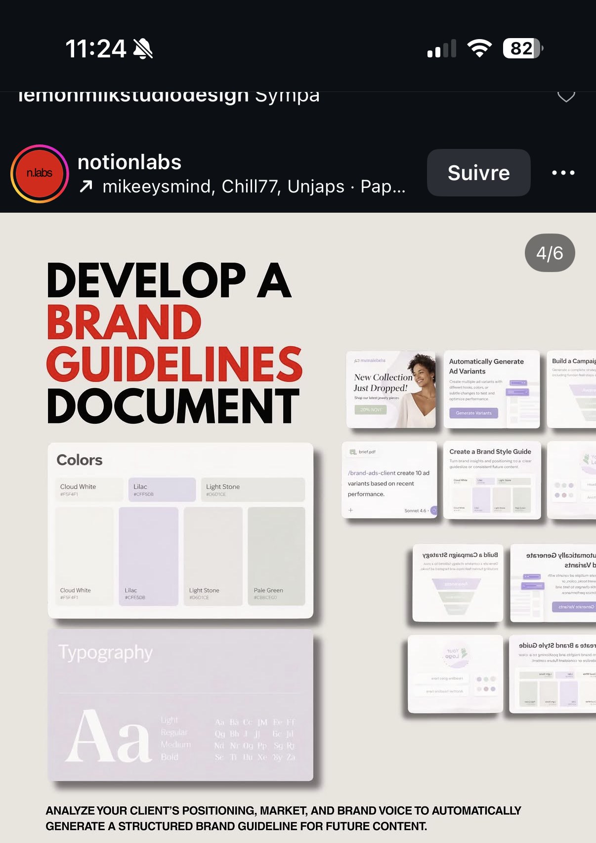 « Develop a brand guidelines document » — palette de couleurs nommée et typographie générées automatiquement à partir du positionnement client