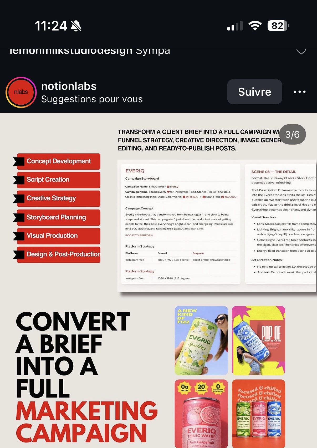 « Convert a brief into a full marketing campaign » — storyboard de campagne « EverIQ » avec stratégie funnel, notes de direction artistique plan par plan
